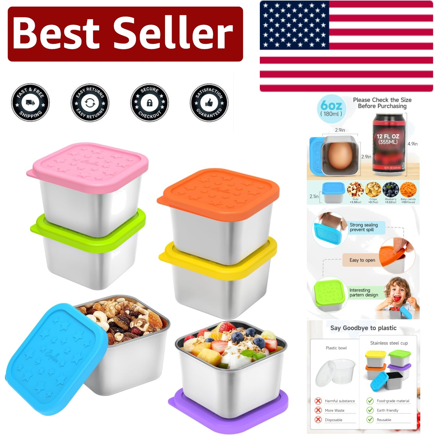 Kid-Friendly 6oz Stainless Steel Snack Container Set – Dishwasher Safe & Stylish
