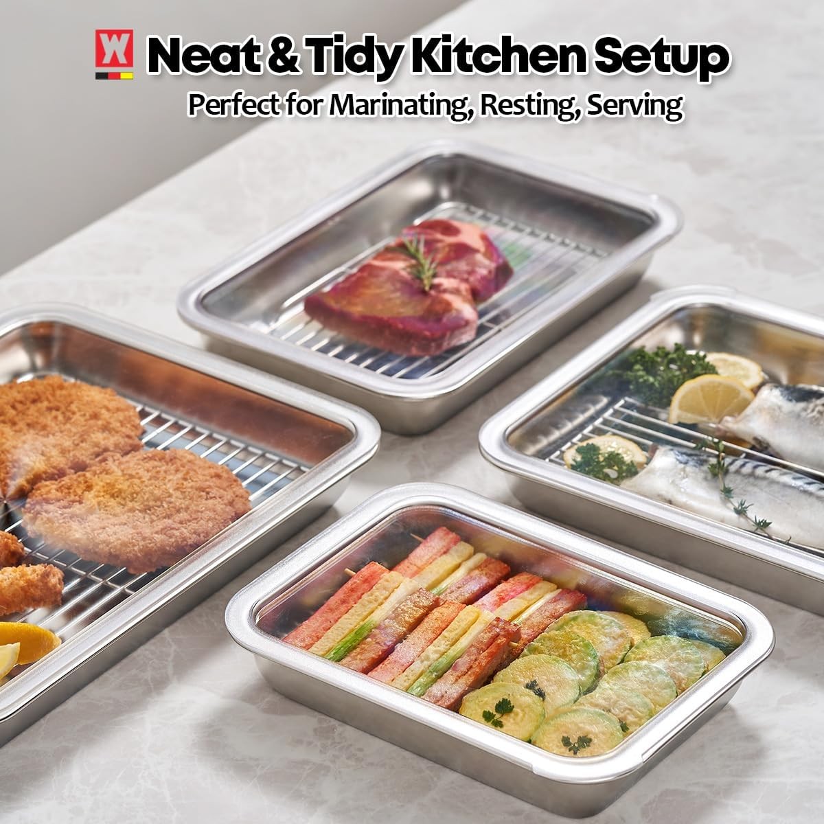 Stainless Steel Food Prep Container Set with Rack & Transparent Lid, Catering…
