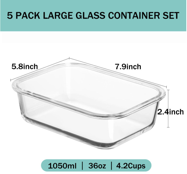 Set de 5 recipientes de vidrio 36oz con tapa, herméticos y aptos horno