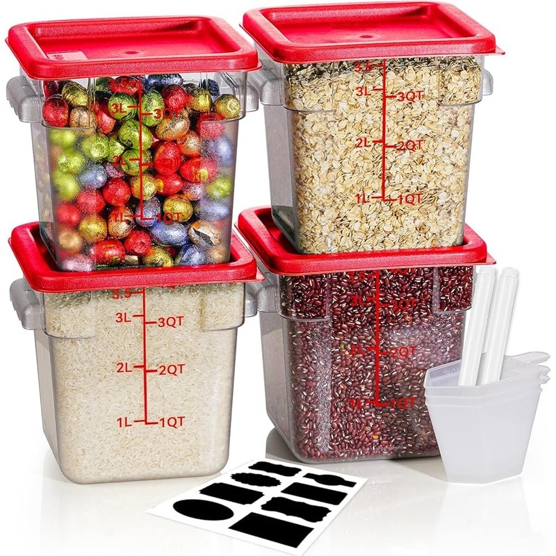 Clear Food Storage Container Set 8Qt 4PCS W/ Labels Marker Measuring Cups New