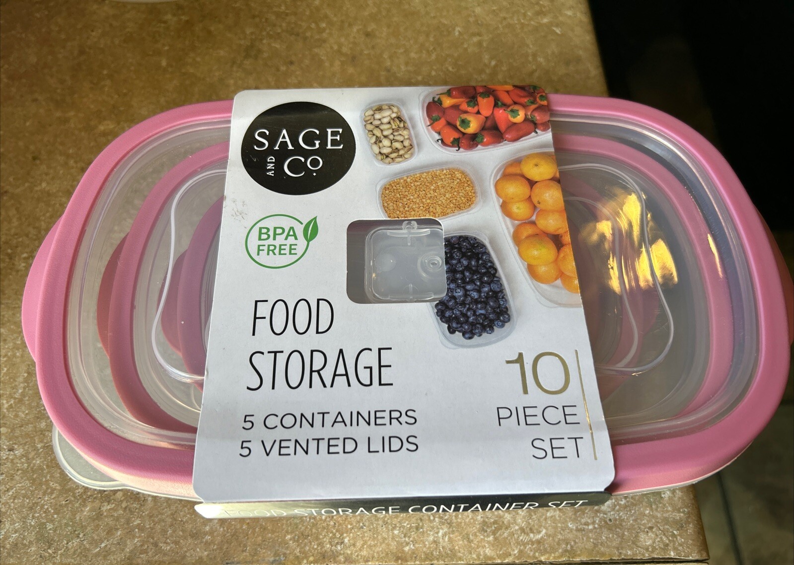 Sage and Co. 10 Pc Food Storage Set with Vented Lids New