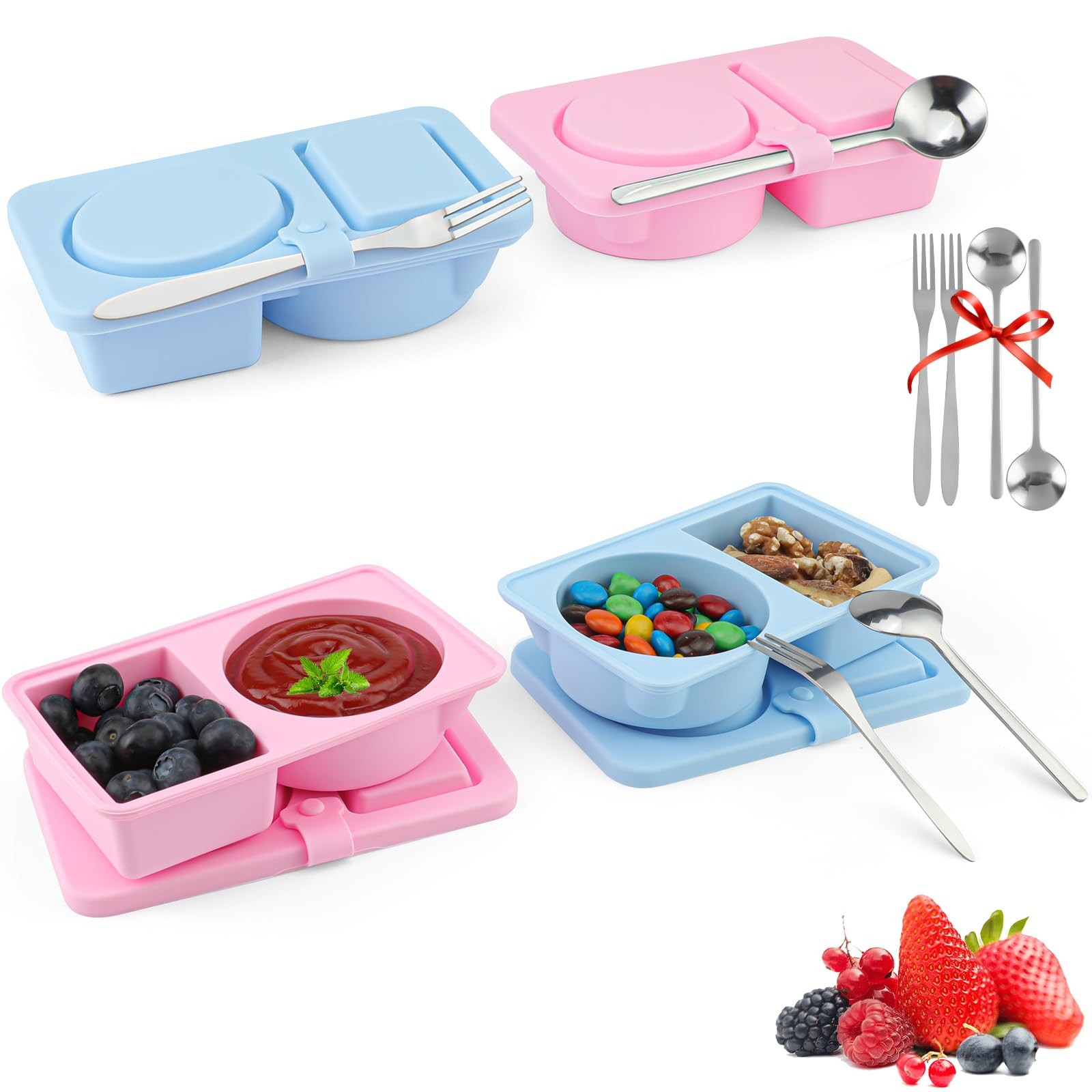 Reusable Snack Containers with Lids, 2 Compartment Silicone Snack Prep Contai…