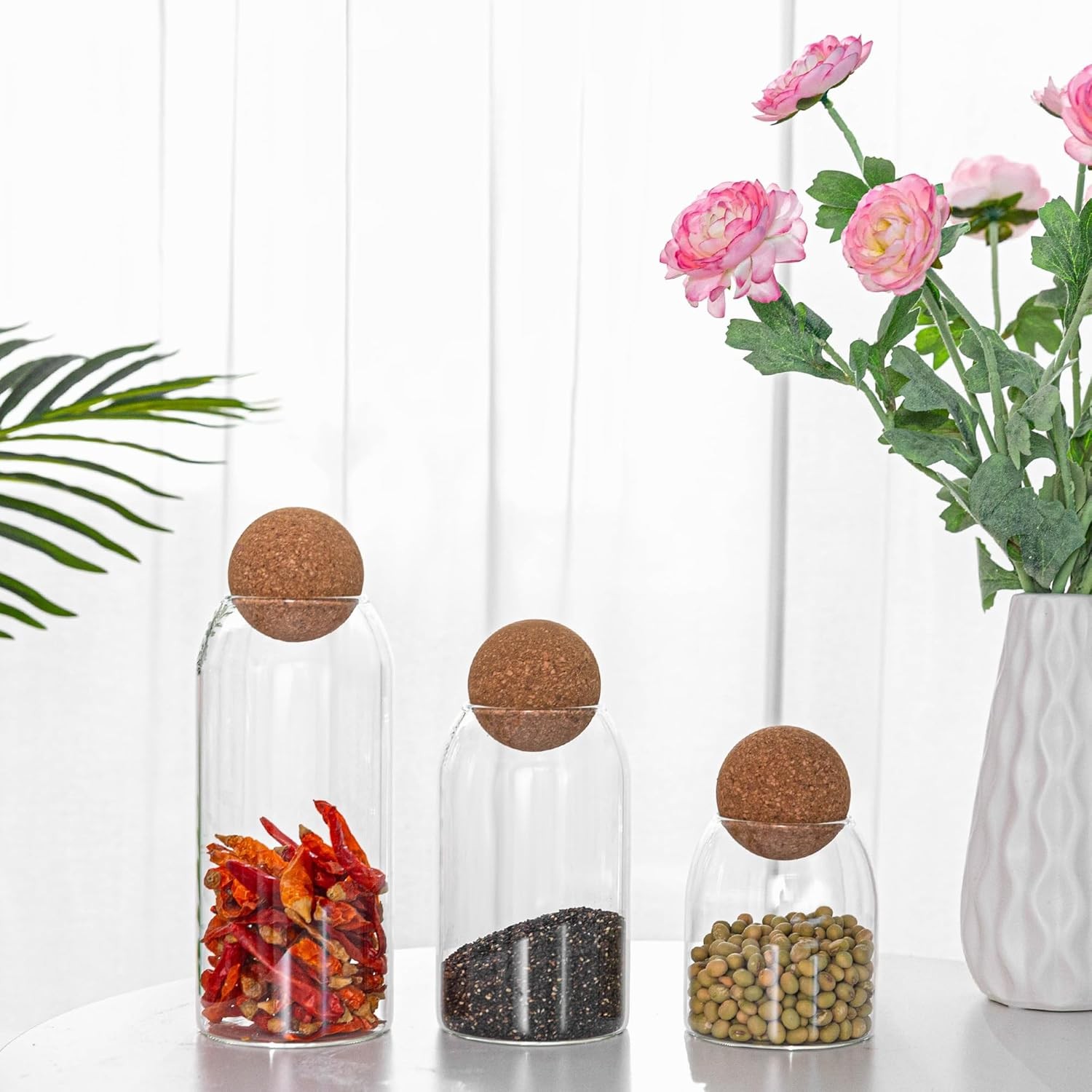 3 Pcs Glass Storage Jars with Cork Ball Lids – Airtight Decorative Round Glass