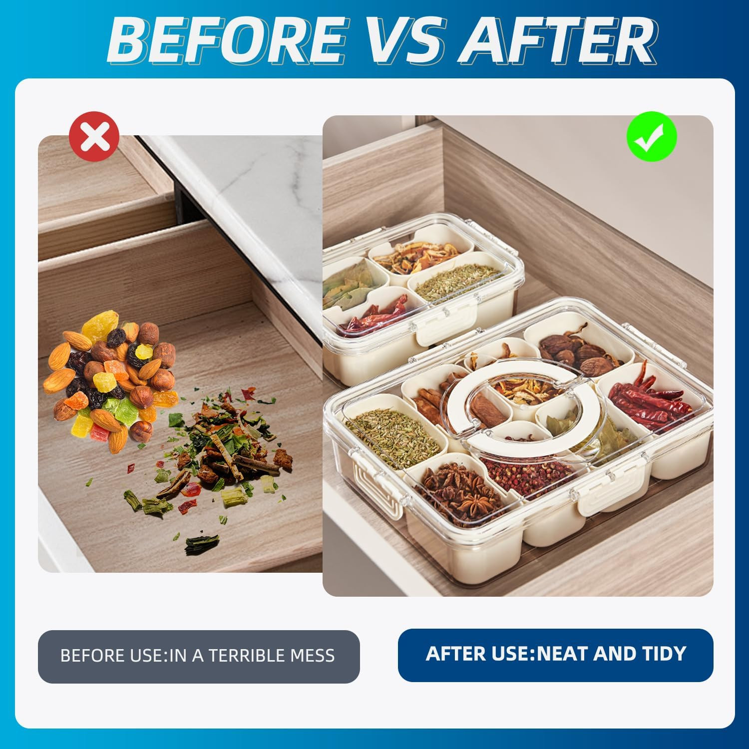 Air-Tight Snackle Box Container –Divided Serving Tray with Lid & Handle–Clear Sn