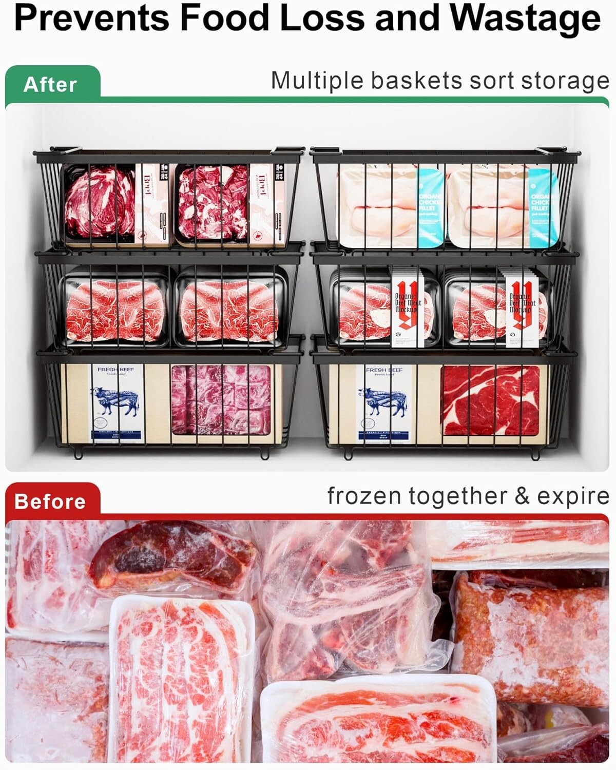 Deep Freezer Organizer Bins – Stackable Chest Freezer Organizer – 4 Pack, Black
