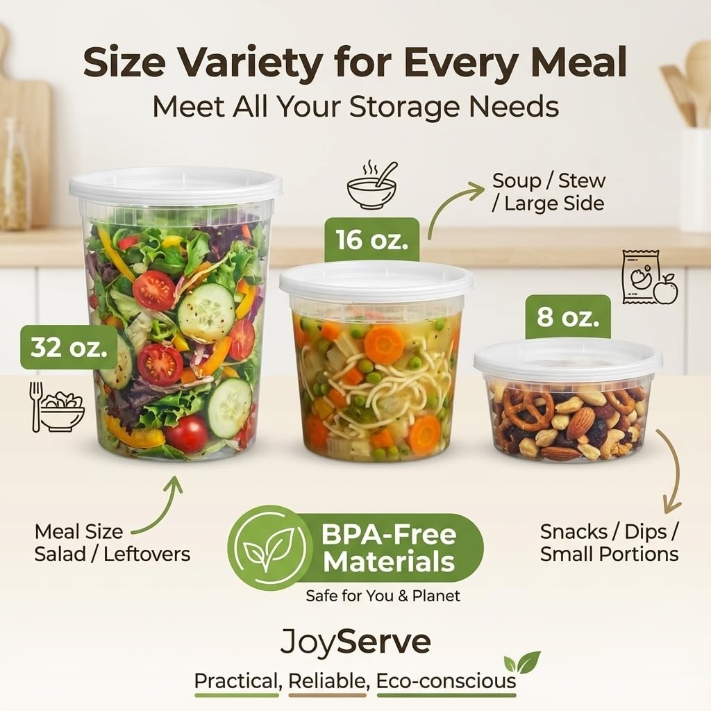 24 Sets Deli Containers with Lids – 8oz, 16oz & 32oz – Leak Proof, Microwavea…