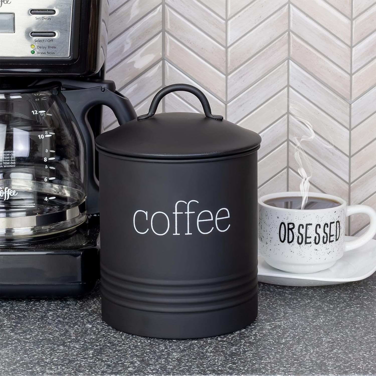 Enamelware Black Coffee Canister; Modern Farmhouse Style Coffee Storage for