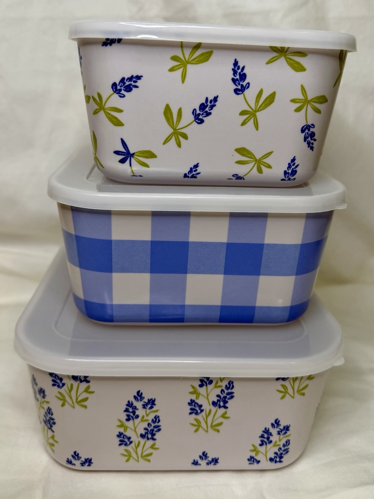 3 Pc Melamine Food Storage Container Set Blue Blue Gingham Floral Limited Nestin