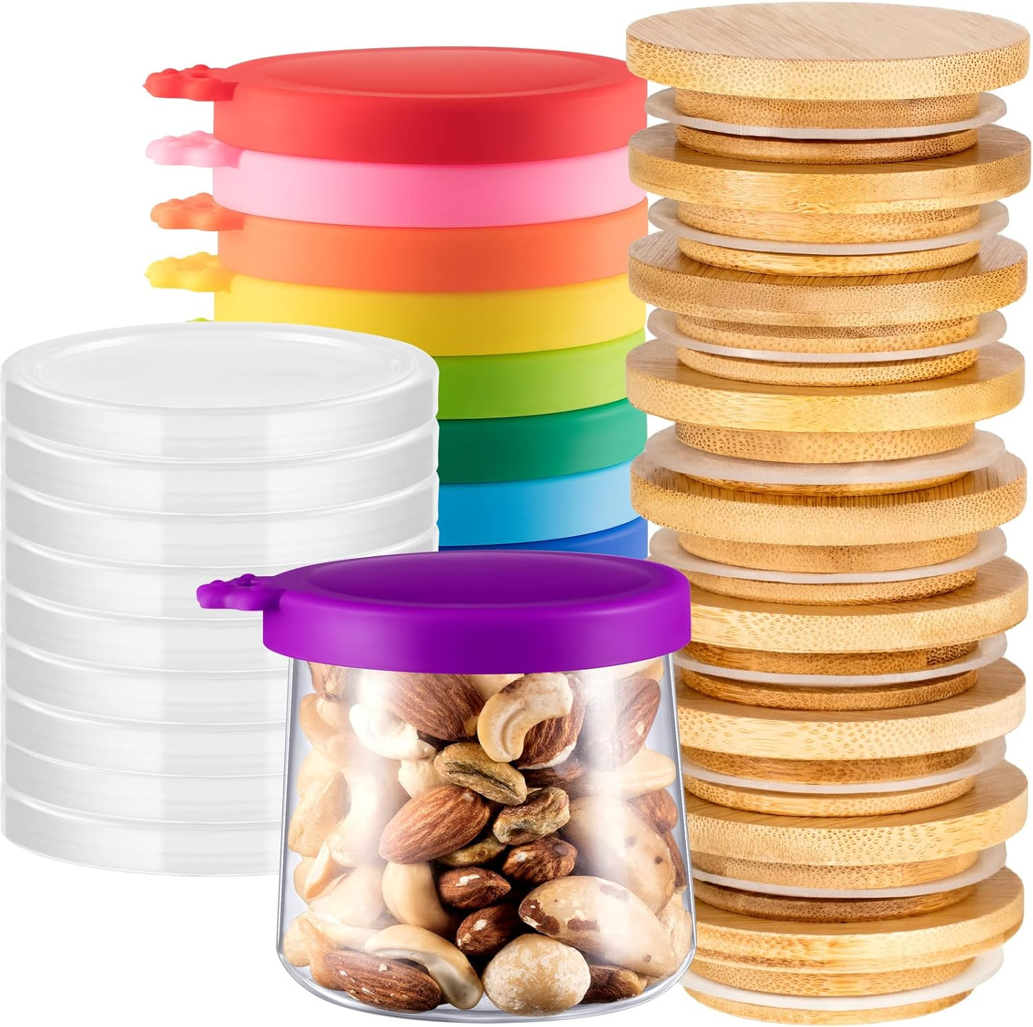 27 Pcs Oui Yogurt Jar Lids Silicone Bamboo Wood Clear Plastic Container Lids wit