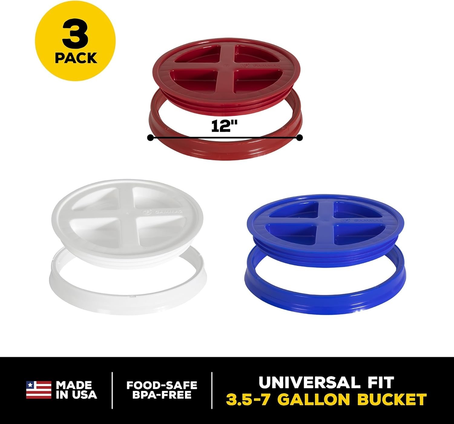 Gamma Seal Lid 3pk Combo Utility Buckets Fits 3.5 5 6 & 7 gallon buckets Red