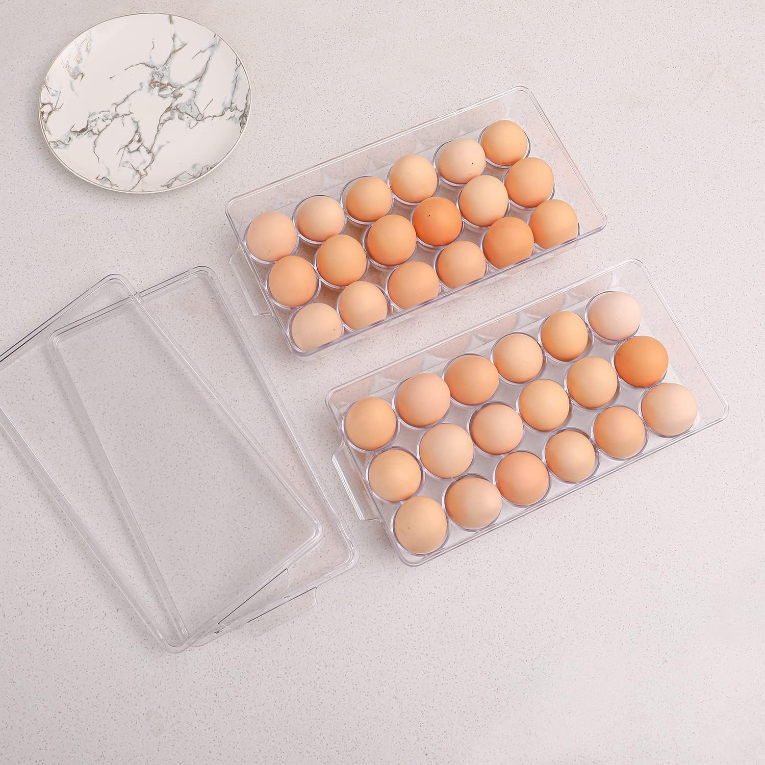 2 Pack Clear Plastic Egg Holders for Refrigerator, Stackable, Holds 18 Eggs
