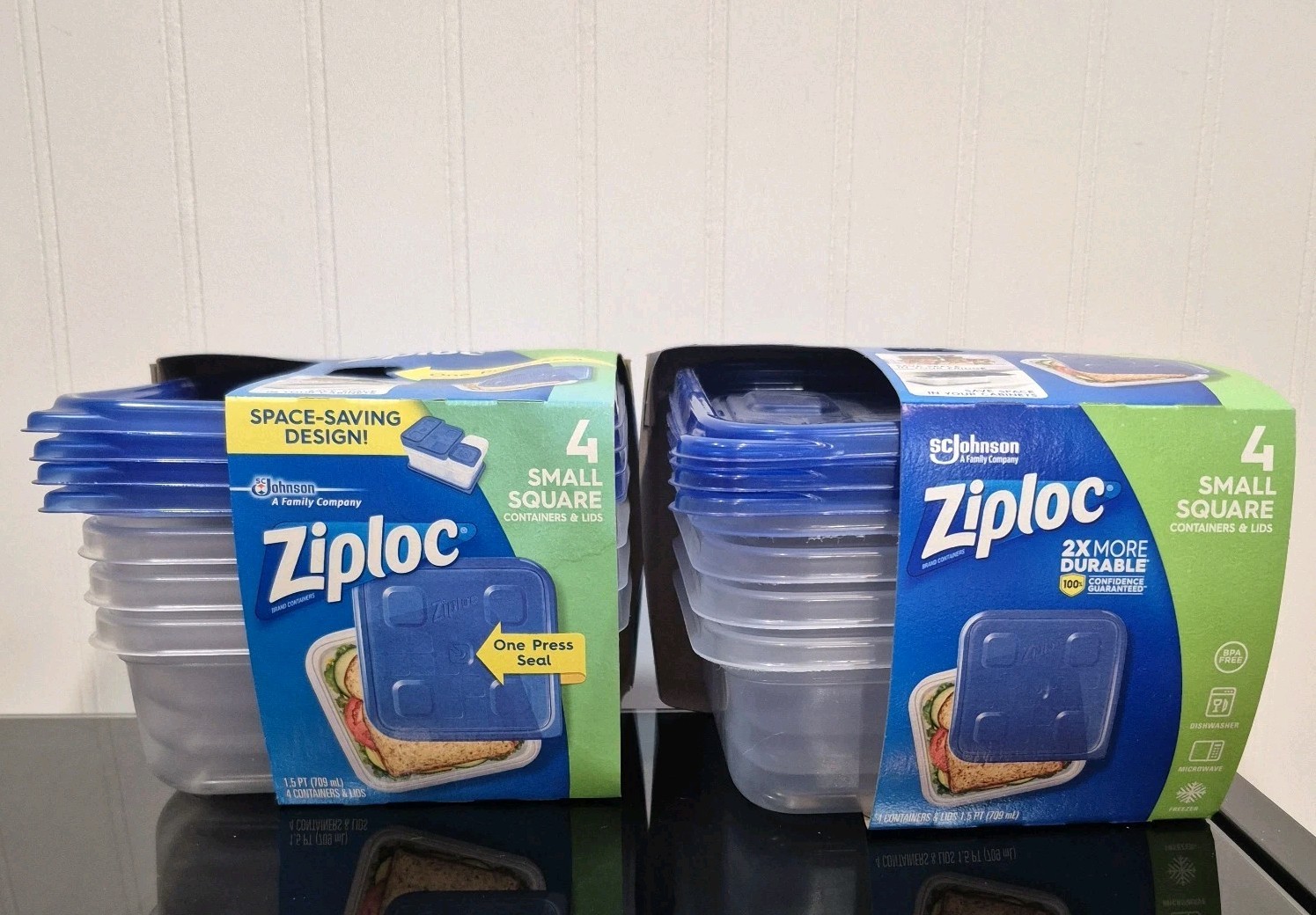 Lot of 2 * Ziploc Container Small Square 4Ct, Clear Blue Stackable Storage NOS