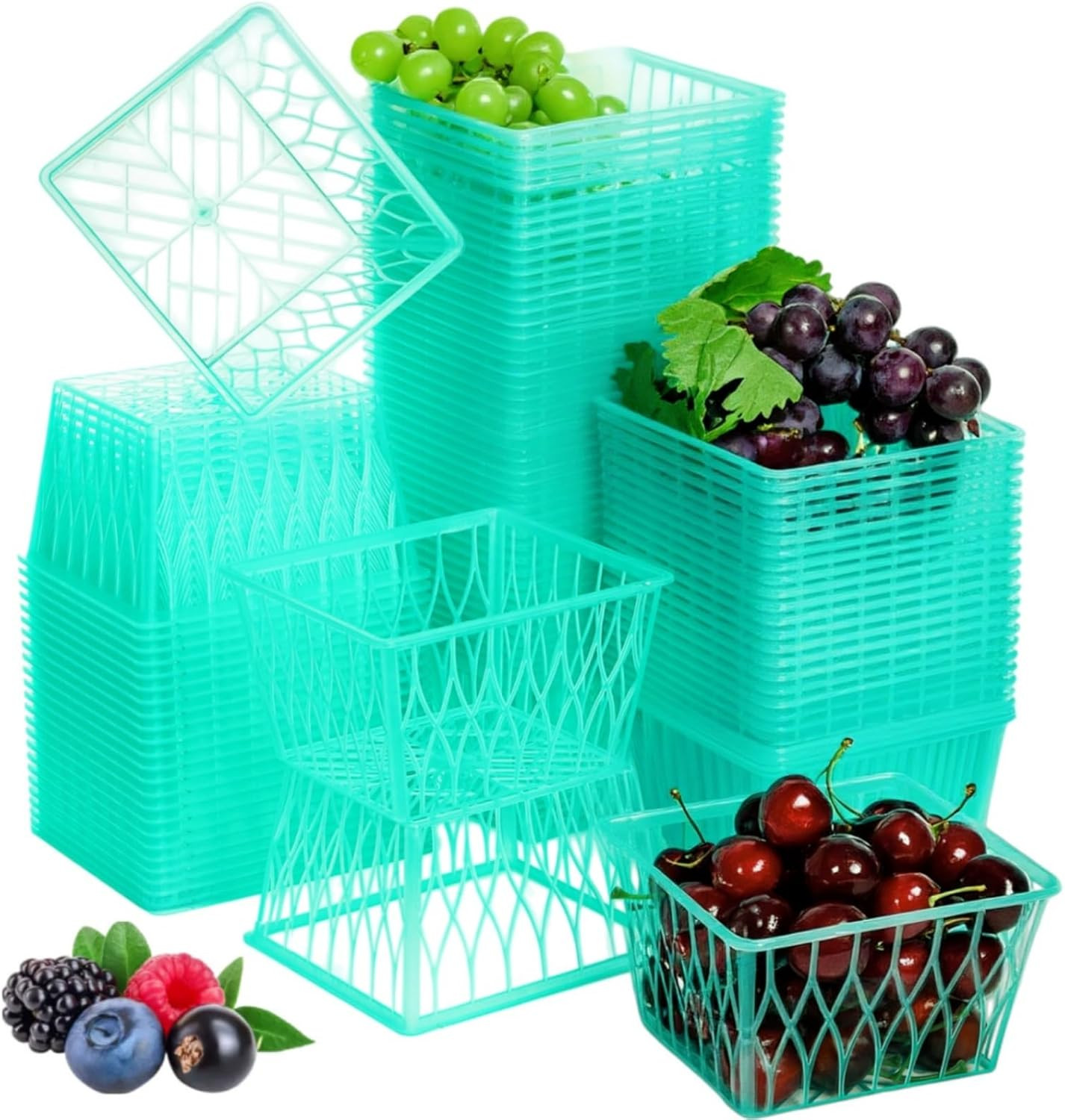100 Pack Berry Baskets, Pint Size Plastic Strawberry Boxes with Open Weave Patte