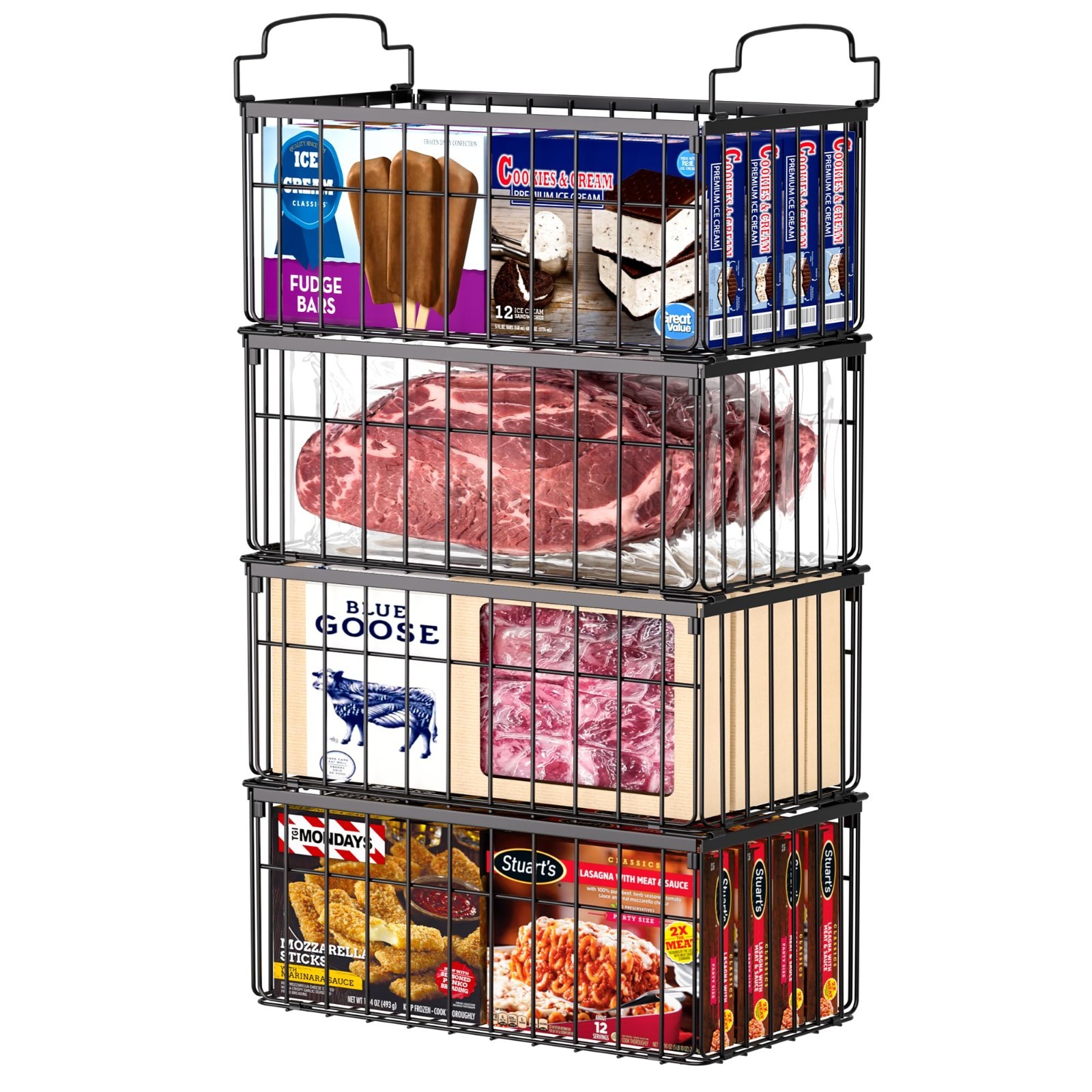 Stackable Freezer Organizer Bins 4-Pack – Deep Storage Baskets with Handles for