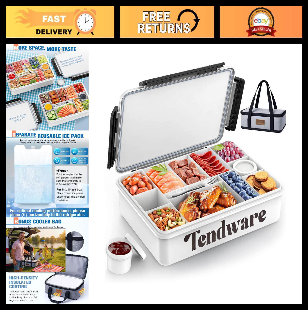 Portable Snack Box with Ice Pack – Insulated Divided Tray for Beach & Road Trips