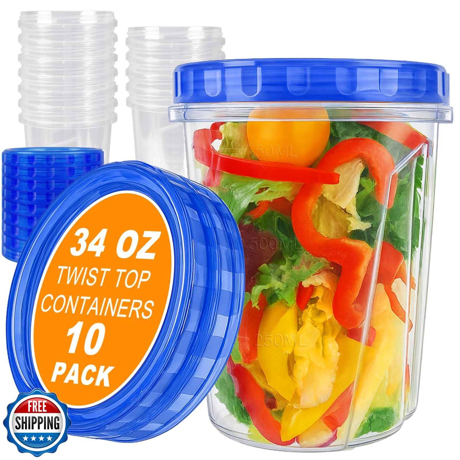 10 Pack 34oz Reusable Freezer Food Storage Containers with Twist Top Lids, Ai
