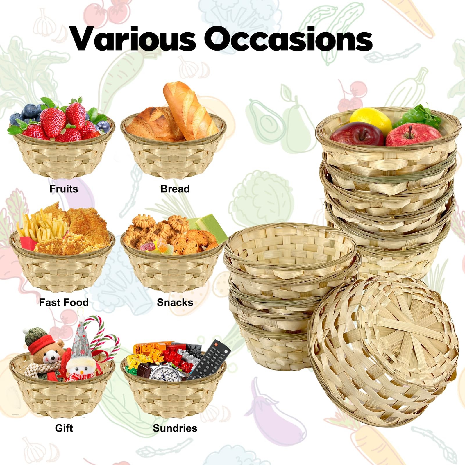 10 Pack Round Gift Baskets, 8 Inch Woven Bread Basket Wooden Food Serving Box…
