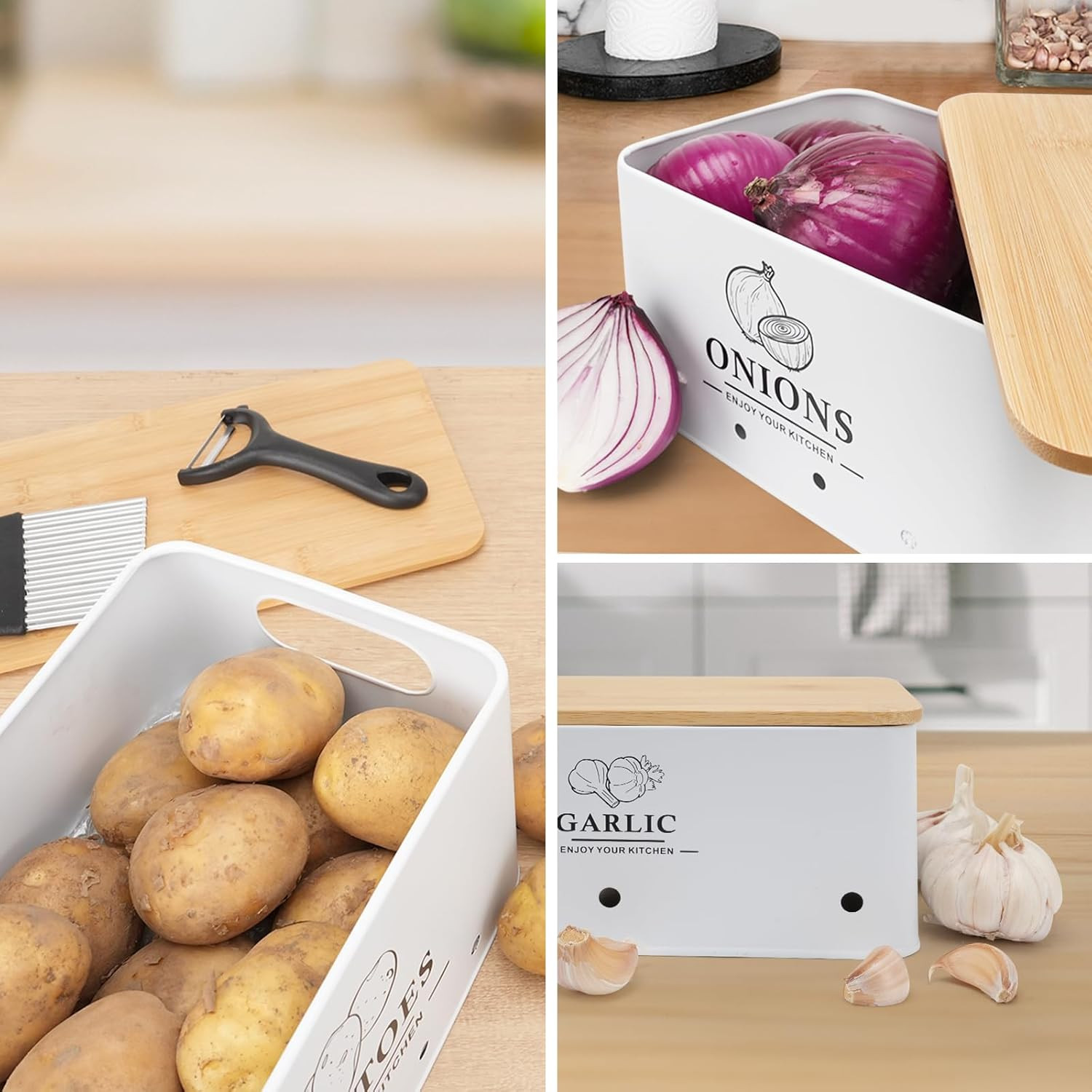 Kitchen Vegetable Storage Set of 3, Metal Onion Garlic Potato Storage Set, Kitch