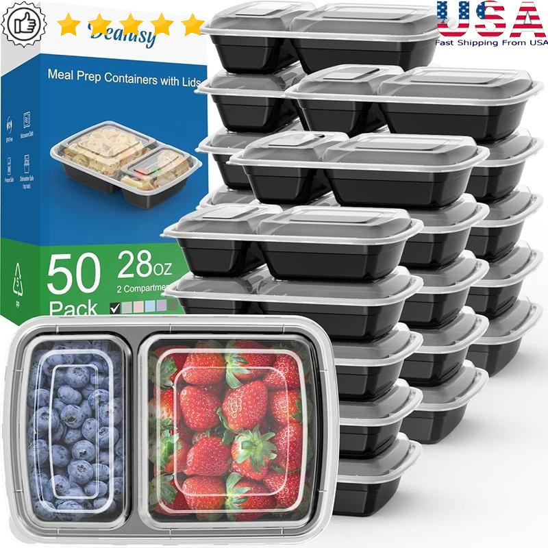 50 Pack Meal Prep Containers 28 oz 2 Compartment Sturdy Leakproof Microwave Safe
