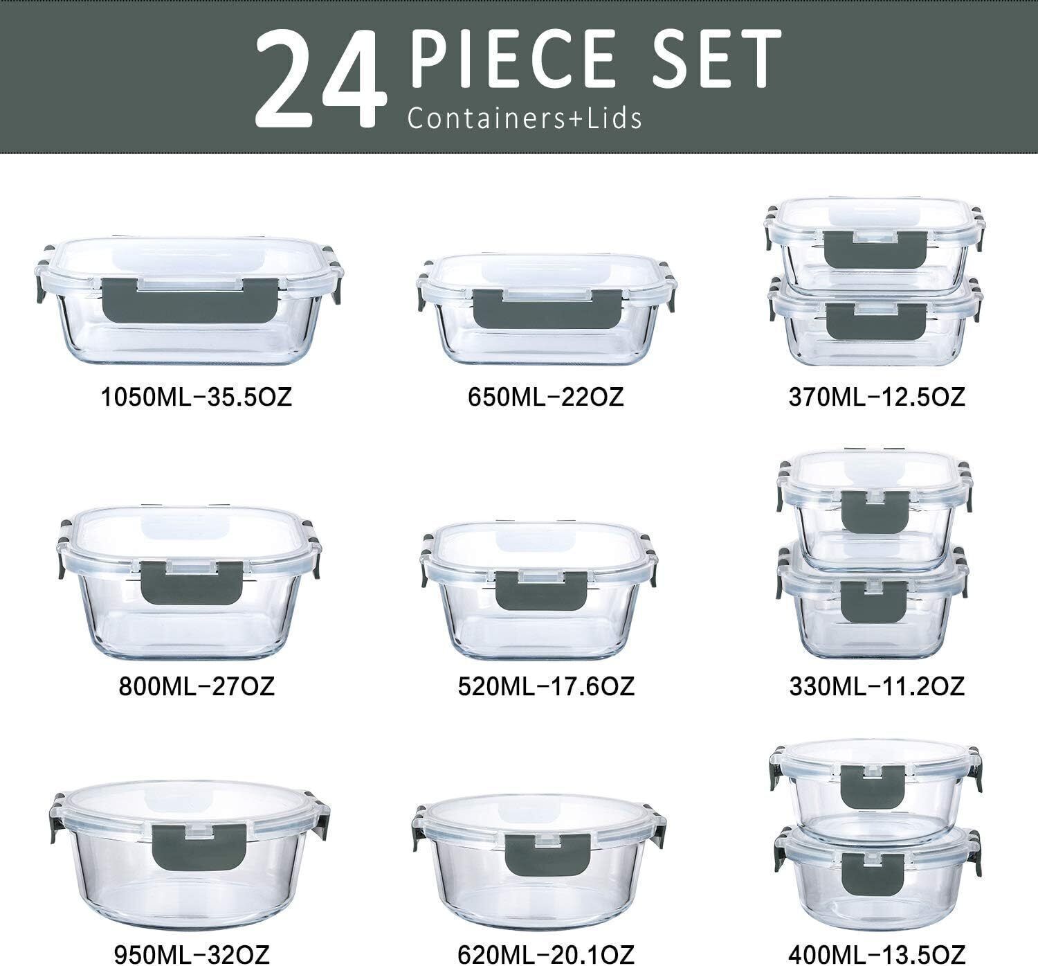 24 Pcs Airtight Food Storage Containers Uses Vegetables Pasta Salad Fruits Meat