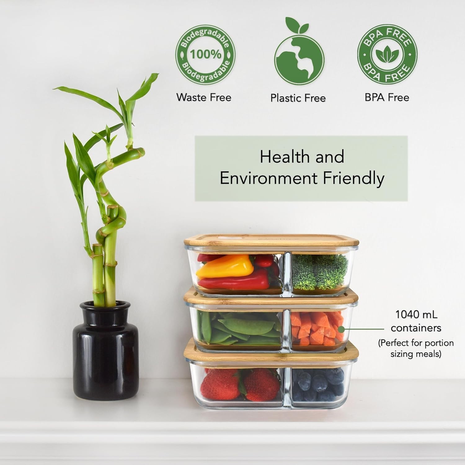 Glass Meal Prep Containers with Bamboo Lids, 2 Compartment Glass Bento Box Co…
