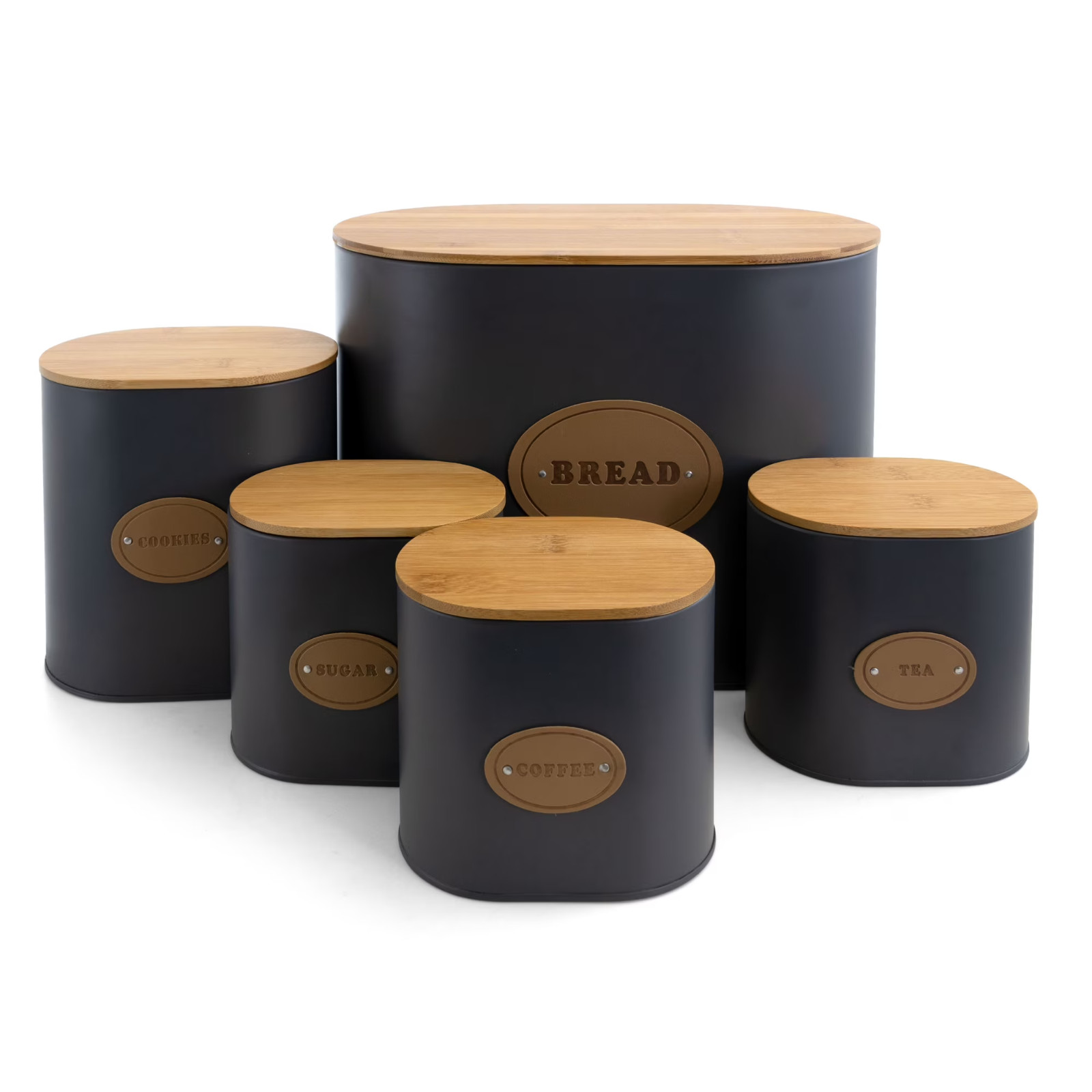 Kitchen Food Storage and Organization 5 Piece Canister Set in Grey with Bamboo