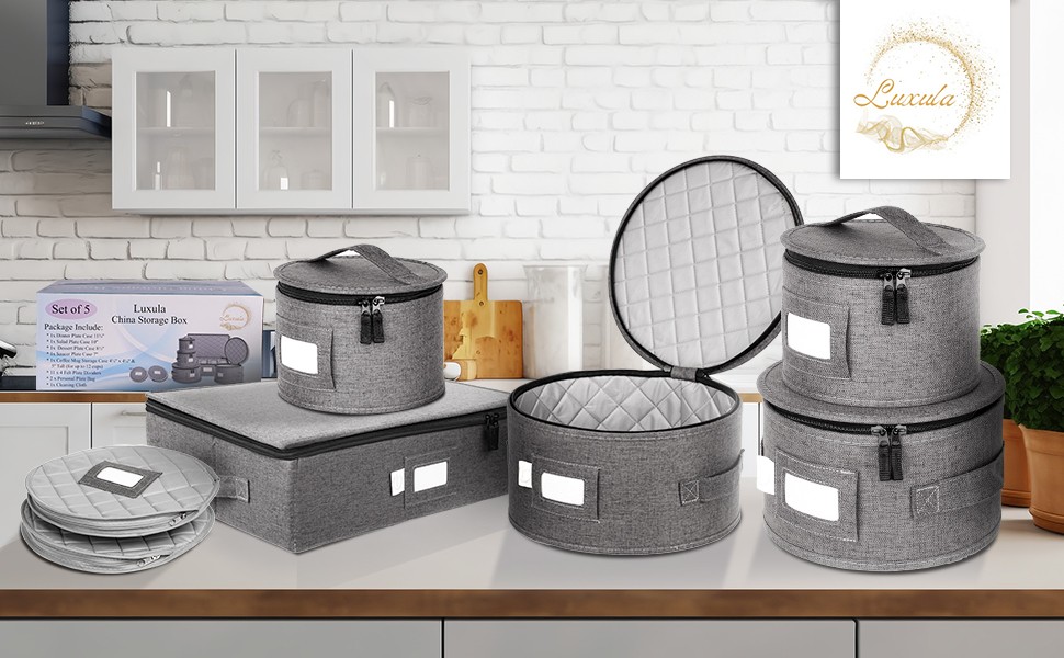 LUXULA China Storage Containers for 12 Place Setting with Two Plate Bags, 5 Pcs
