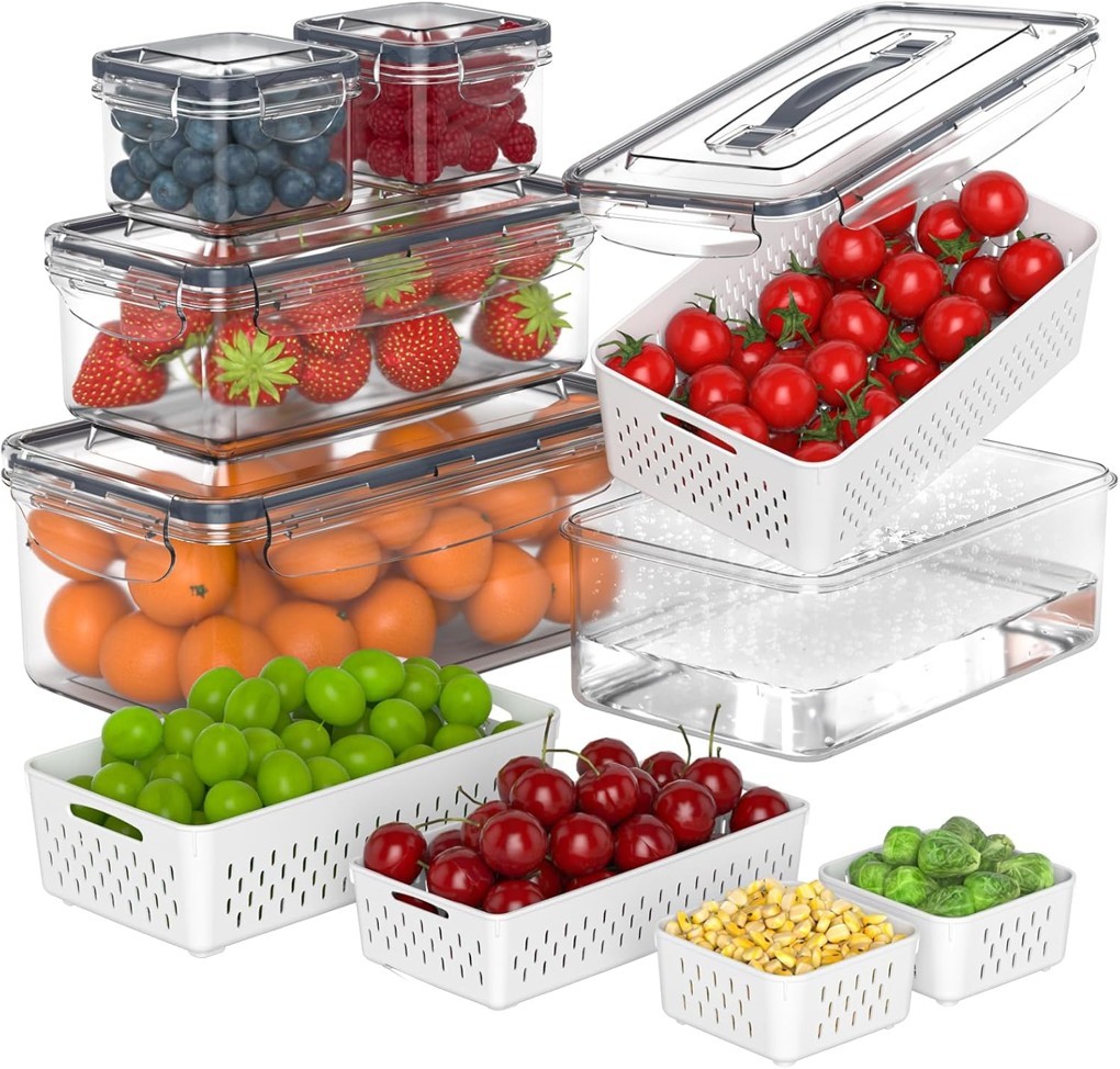Fruit Storage Containers Set, Airtight, Removable Colander, Handles