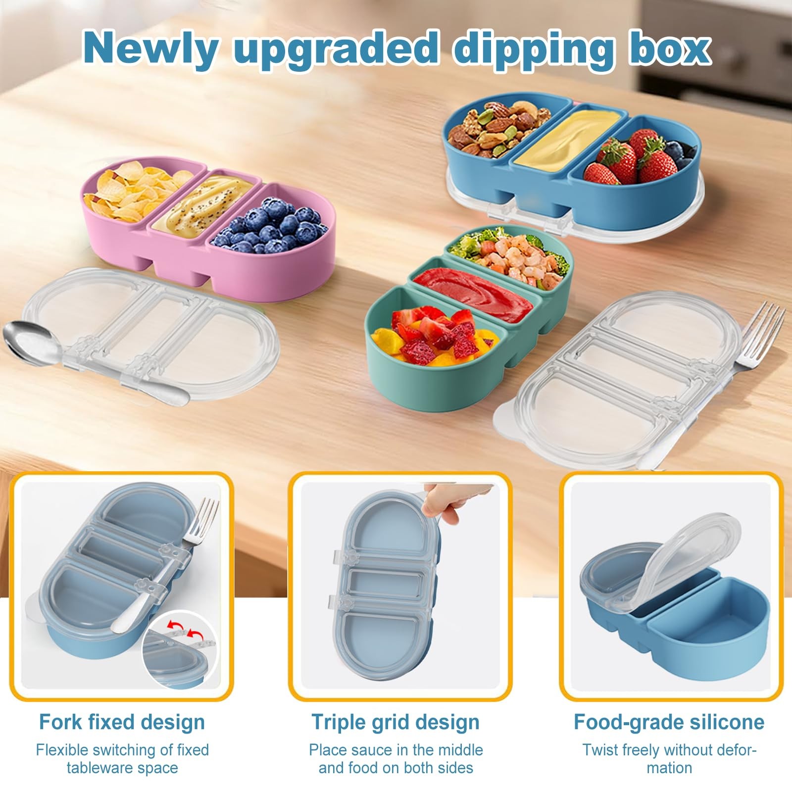 Silicone Snack Containers 3 Compartments Reusable Snackle Box with Lids Pack …