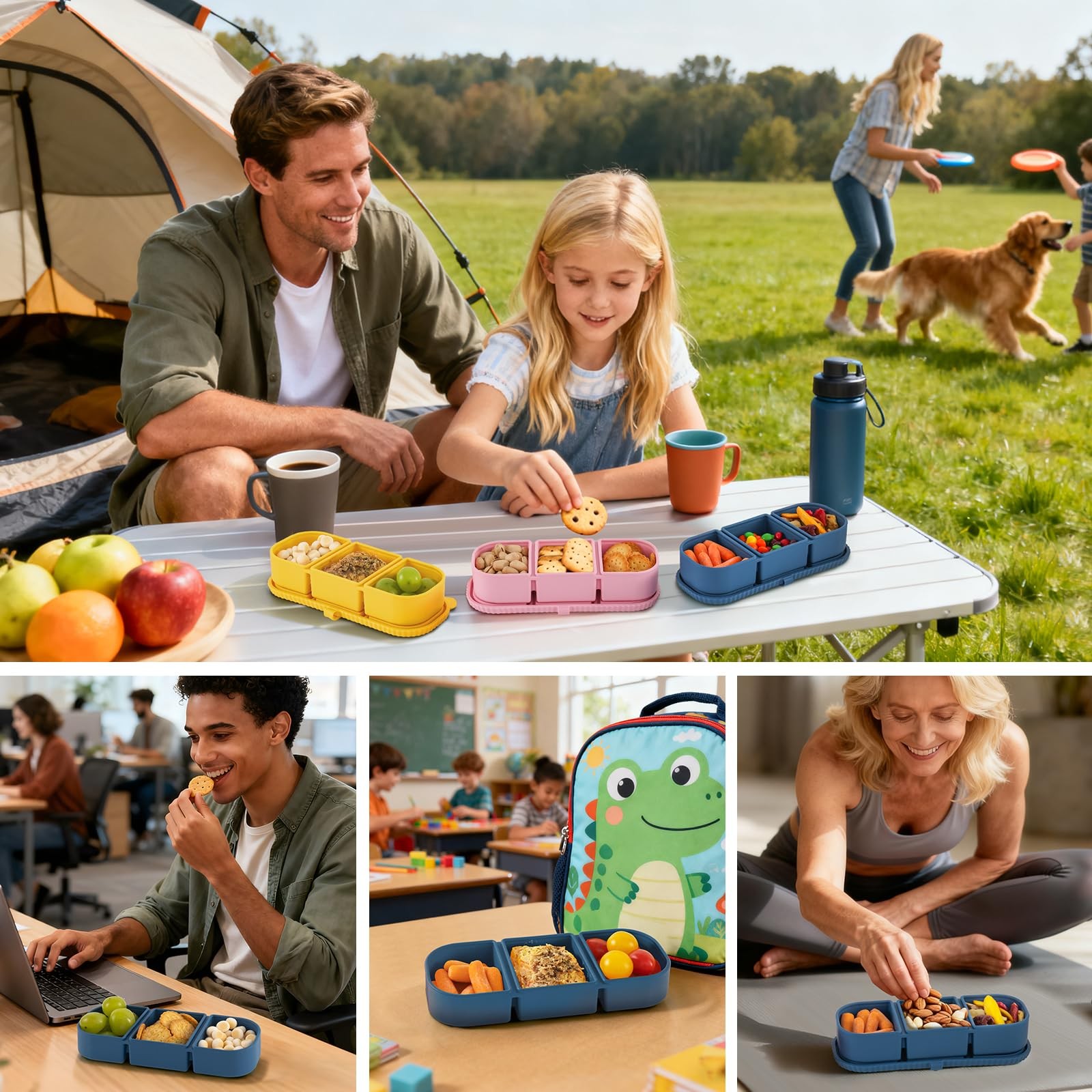 3 Pack Silicone Reusable Snack Containers with Lids – 3 Compartment Snackle B…