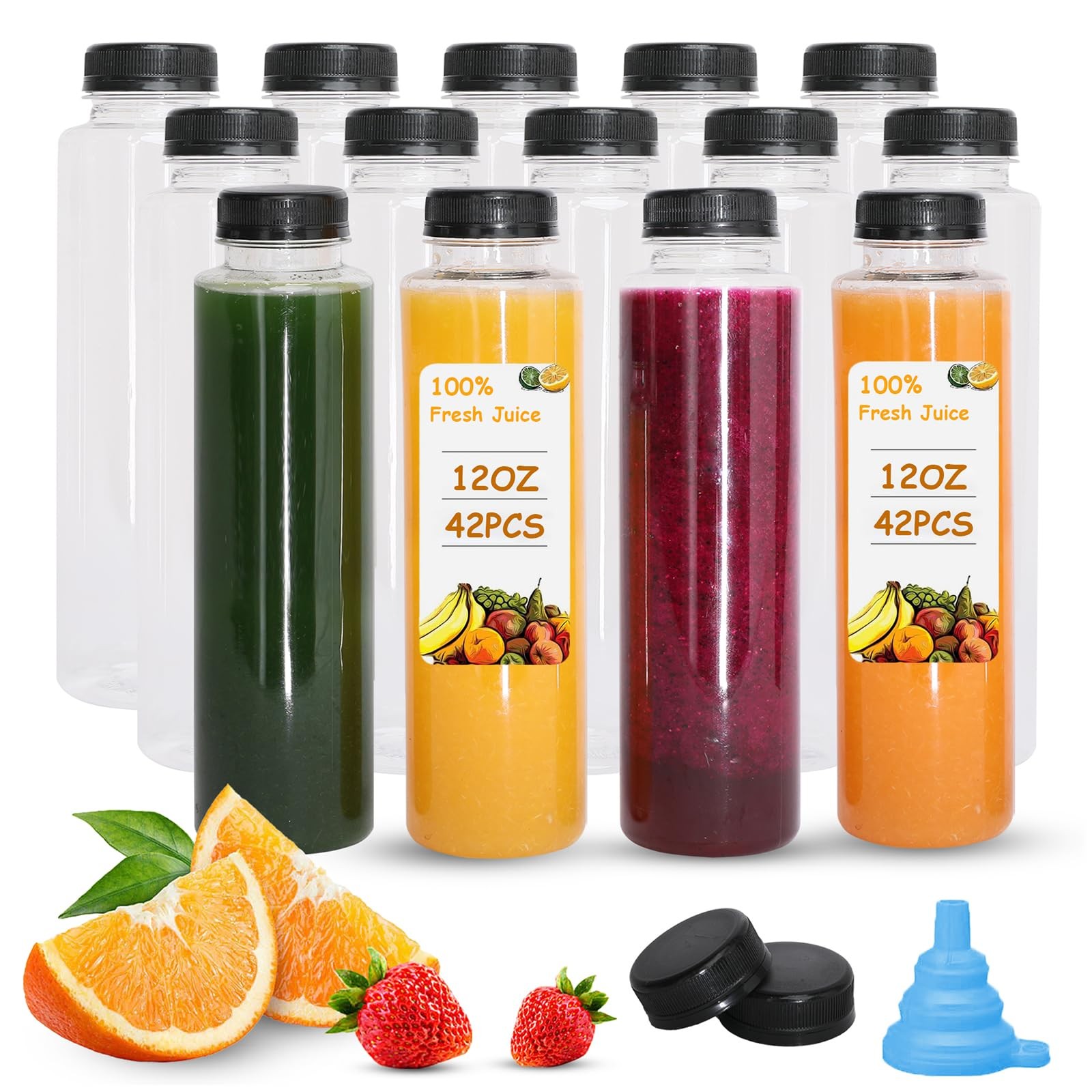 42 PCS 12oz Juice Bottles Caps Bulk Empty Plastic Black Tamper Evident Lids