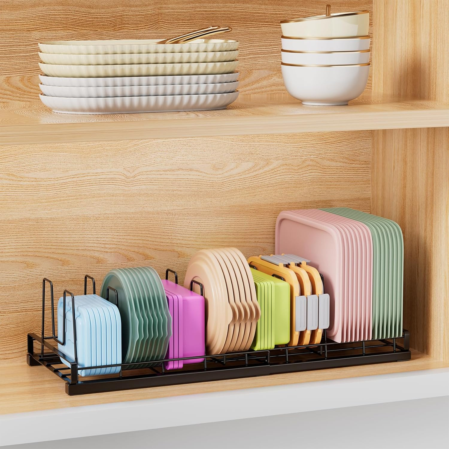 Expandable Food Container Lid Organizer, 9 Adjustable Dividers Sturdy Metal Pot