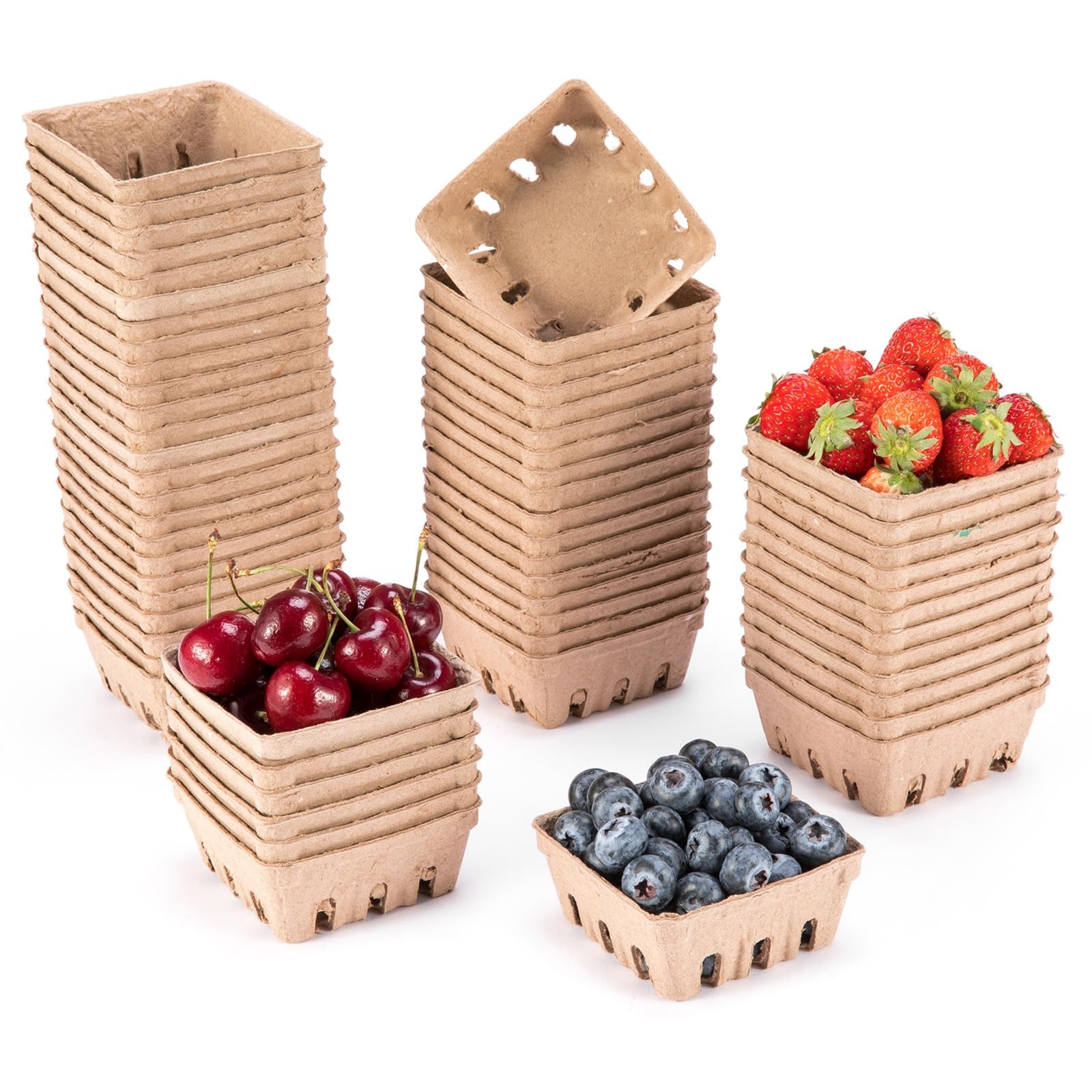 60 Pack Pulp Fiber Berry Basket, 1/2 Pint Vented Containers for Strawberry Bl…
