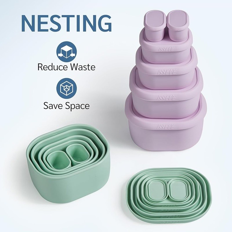 Nesting Silicone Food Storage Containers Set Airtight Leakproof Meal Prep 12pcs