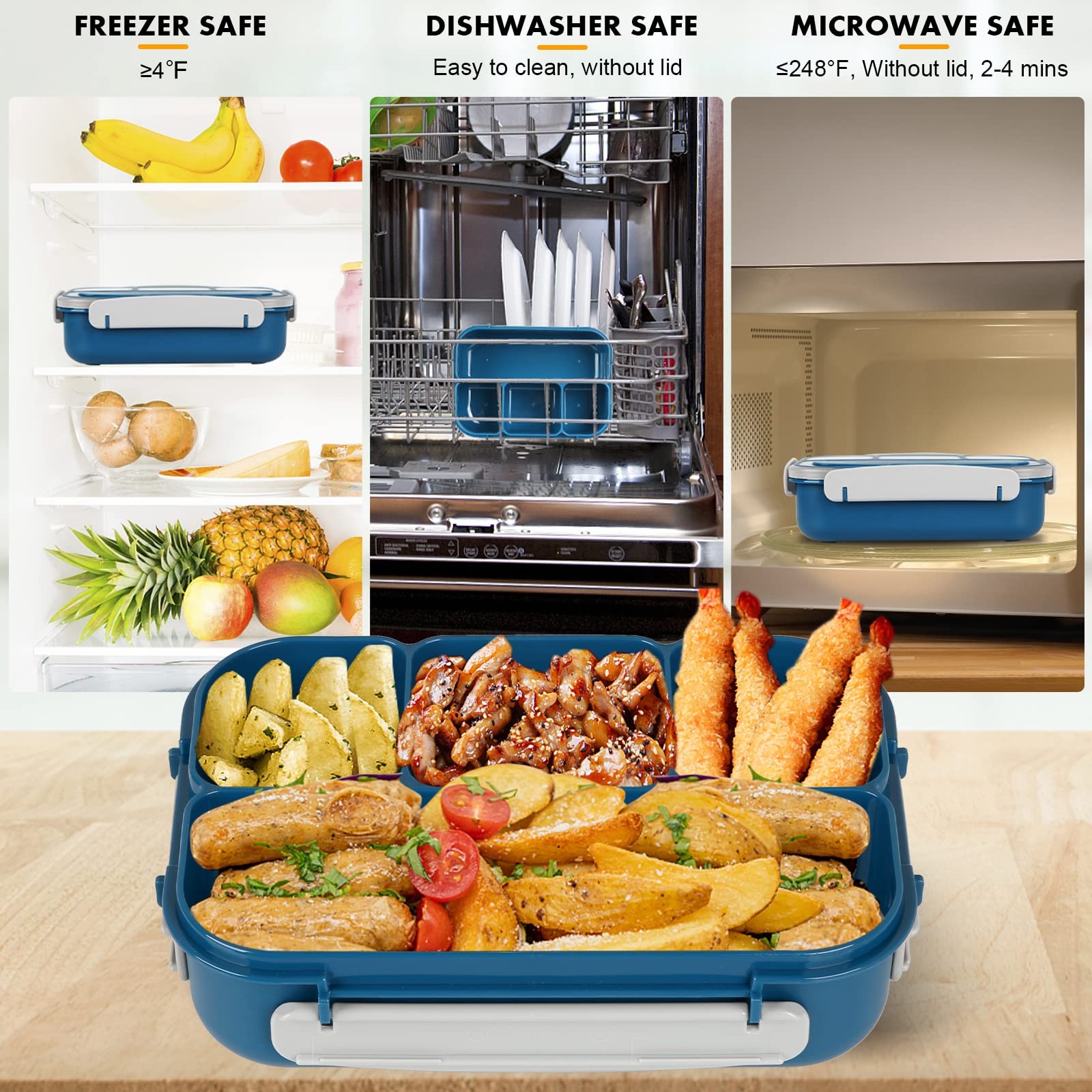 Yumuk Bento Box, Lunch Box Kids, 1300ML Adult with 4 Compartment &Food Blue