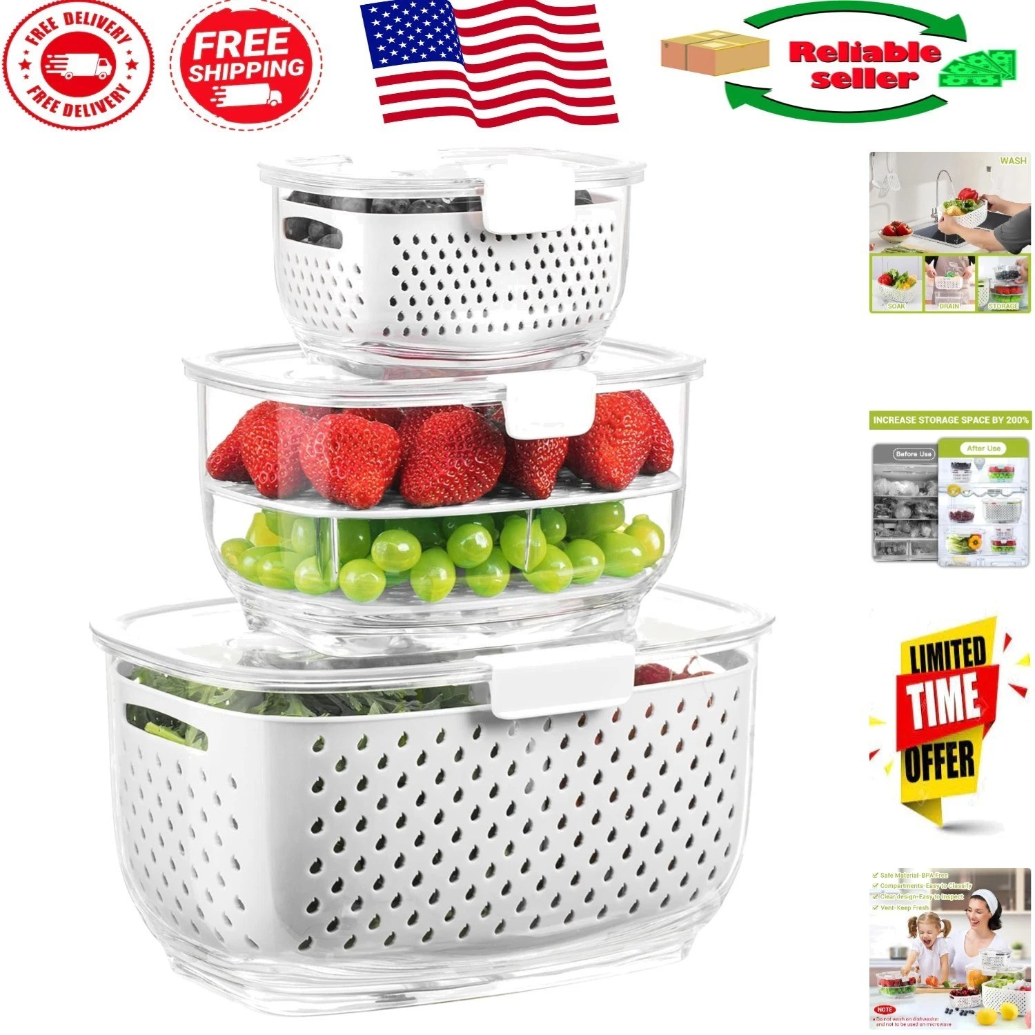 Multi-Functional 3-Piece Fresh Fruit & Vegetable Containers – Keep Foods Fresh