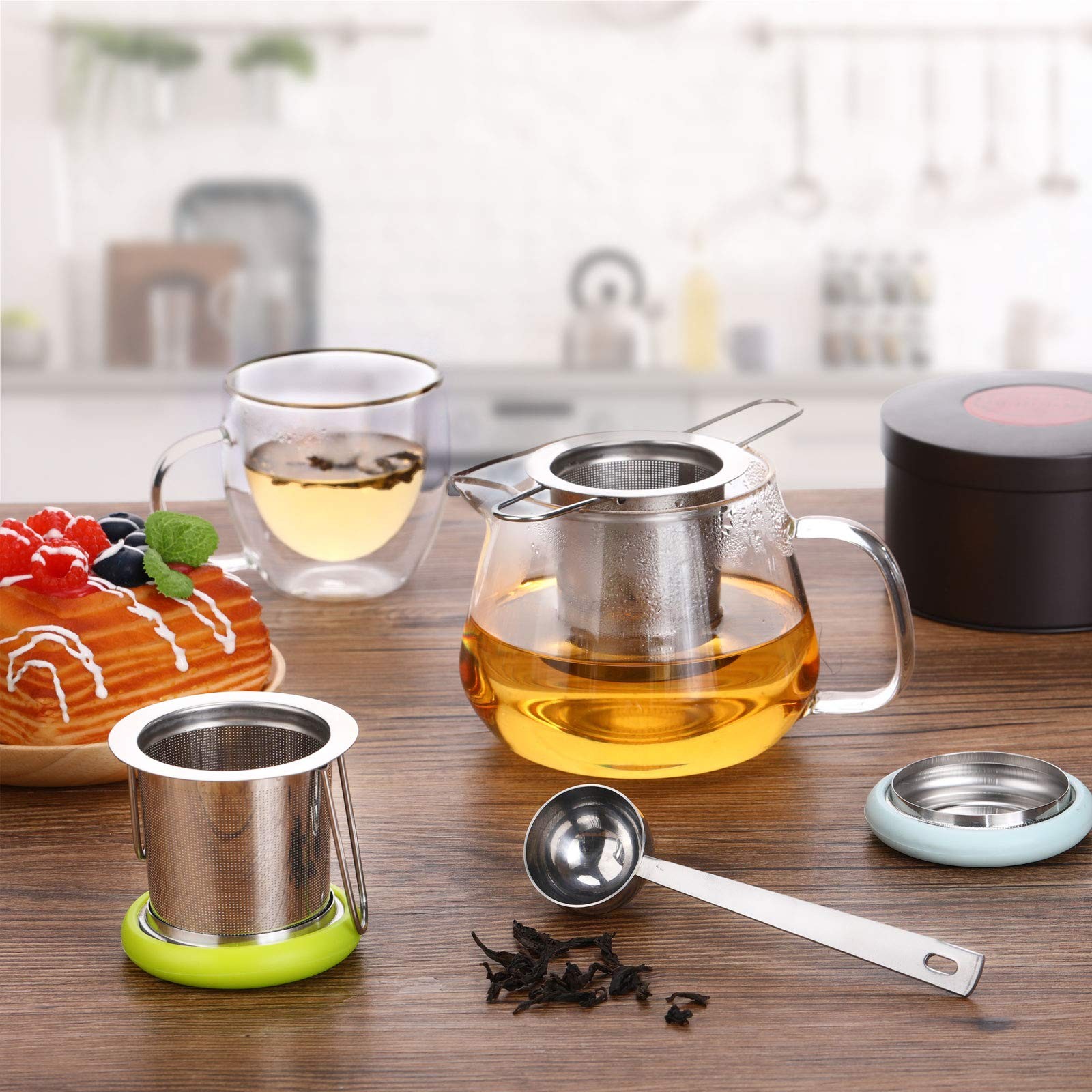 2 Pieces Tea Infusers Stainless Steel Strainer Folding Handle Blue and Green