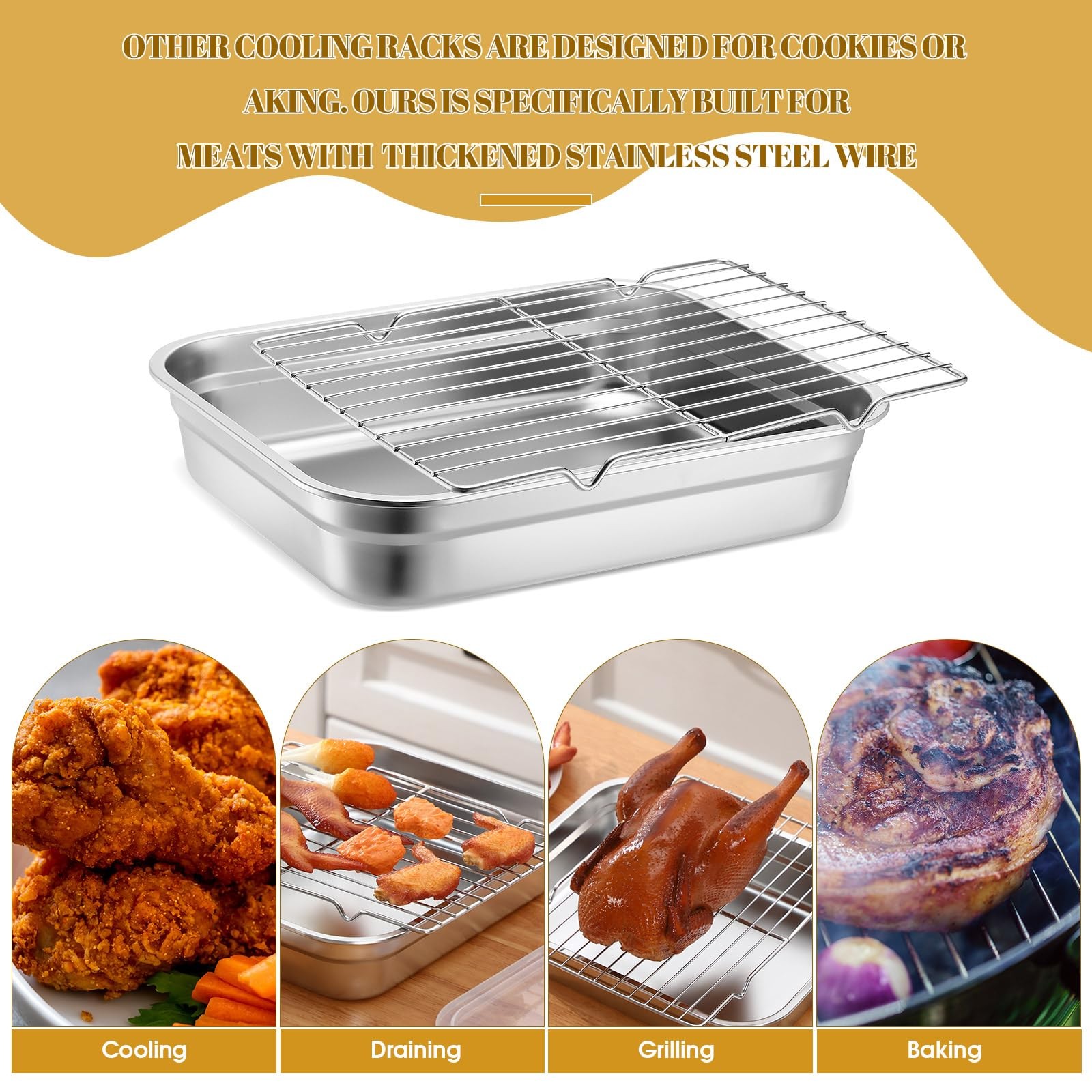 Teenyyou Stainless Steel Food Container with Lid Rack Roasting Baking Pan Cak…