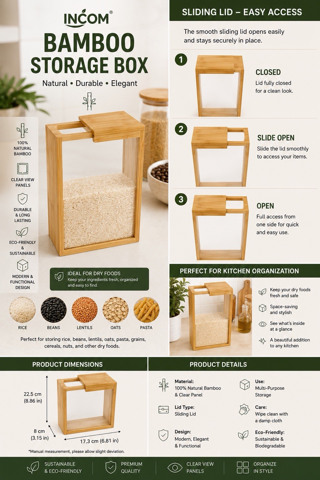 INCOM Bamboo Food Storage Container Sliding Lid Clear Pantry Box Rice Beans