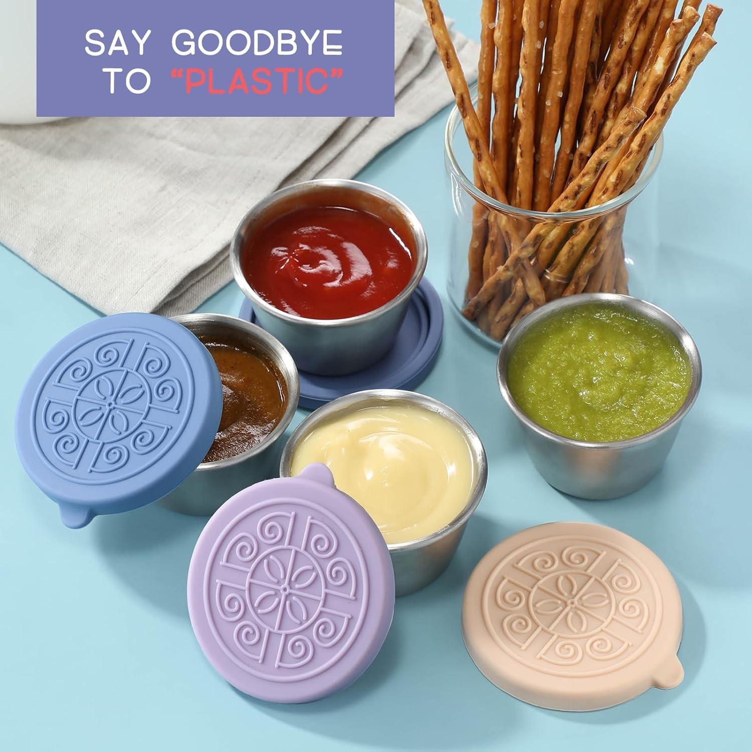 6-Pack Small Sauce Cups: 1.6 oz Reusable Stainless Steel with Silicone Lids