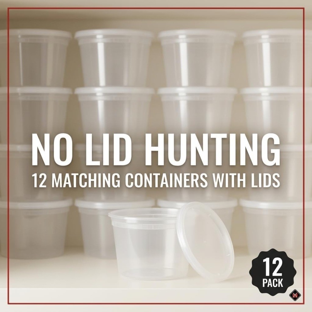 16 oz Clear Deli Containers with Lids, 12-Pack, Airtight Reusable Plastic Food