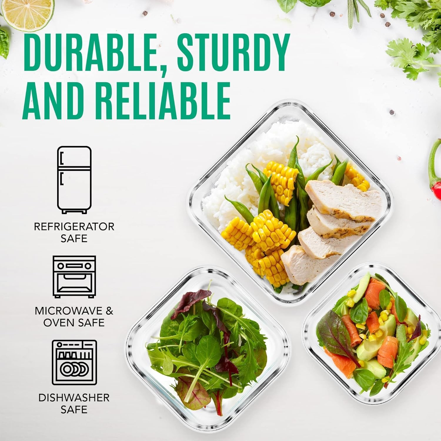 6 PC Square Glass Food Storage Containers W/ Airtight lids 74 40 & 18 oz Kitchen