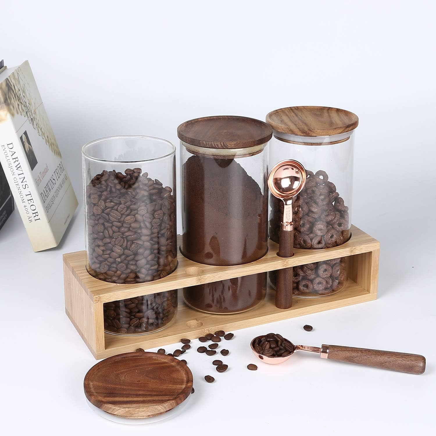 Sealed Glass Food Storage Containers with Airtight Wood Lids and Scoops for