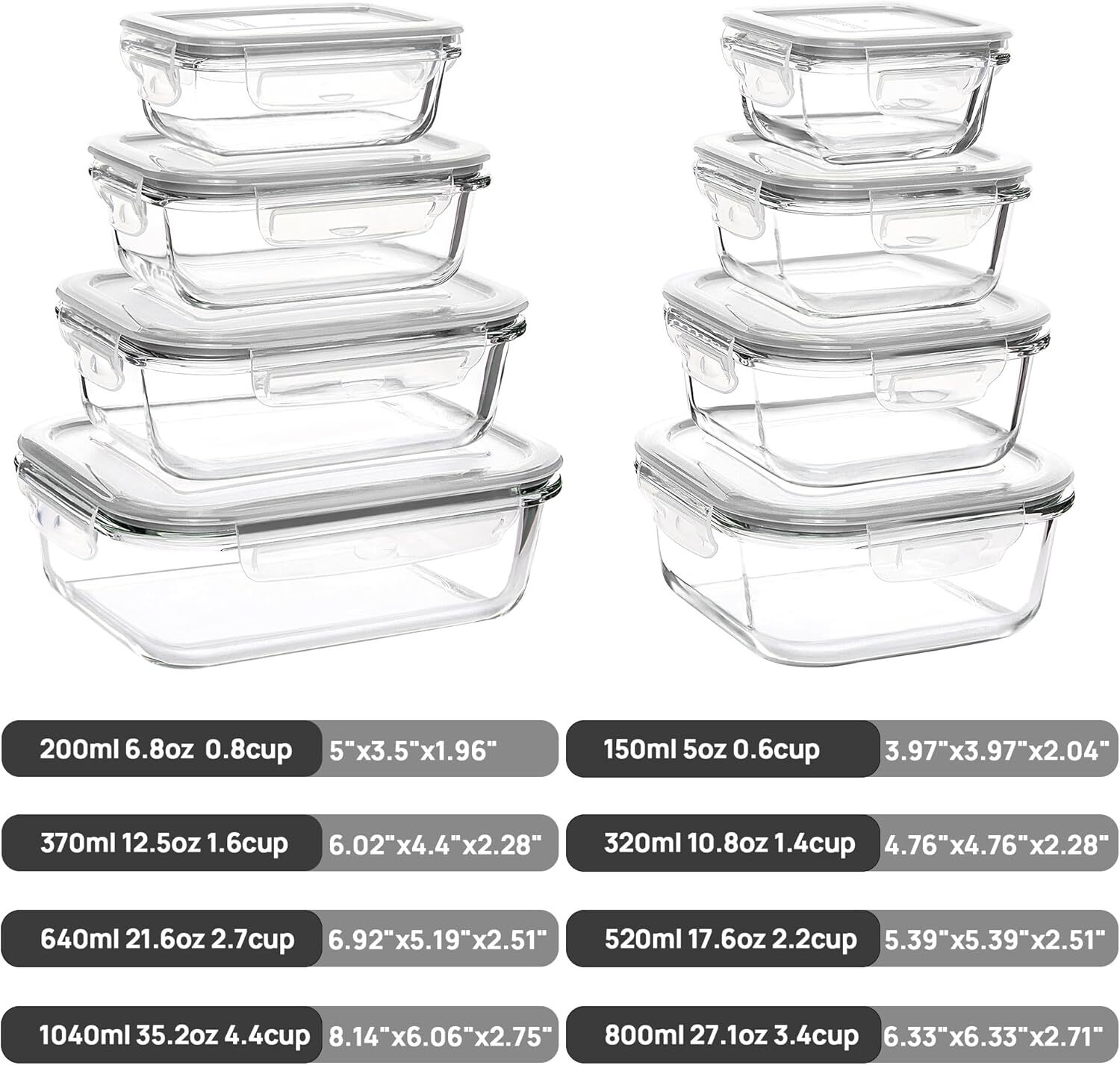 Juego de 8 recipientes de vidrio para almacenar alimentos con tapas herméticas.