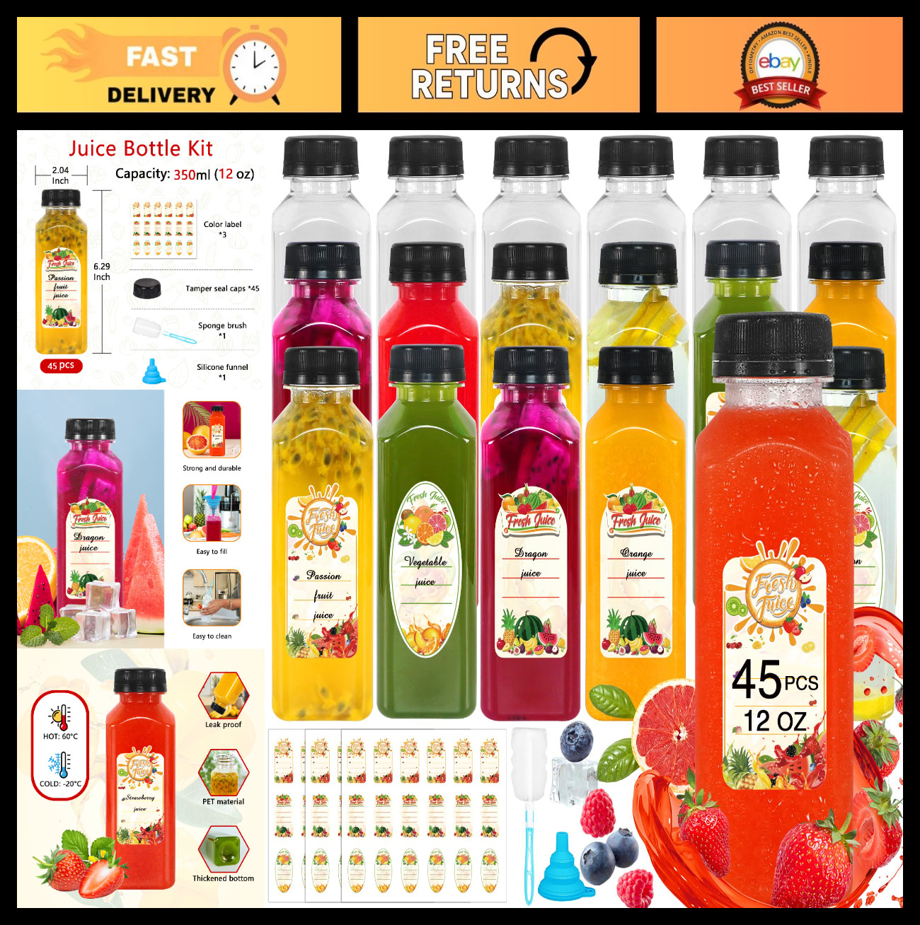 Clear 12 oz Plastic Juice Bottles – 45 Pack Reusable with Tamper Lids for Juicin