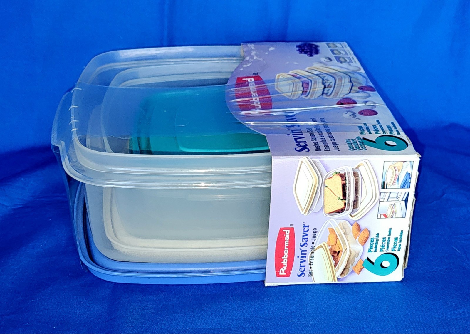 VTG Rubbermaid Servin Saver Nested Square Set NEW Blue Teal Almond 6pc Storage