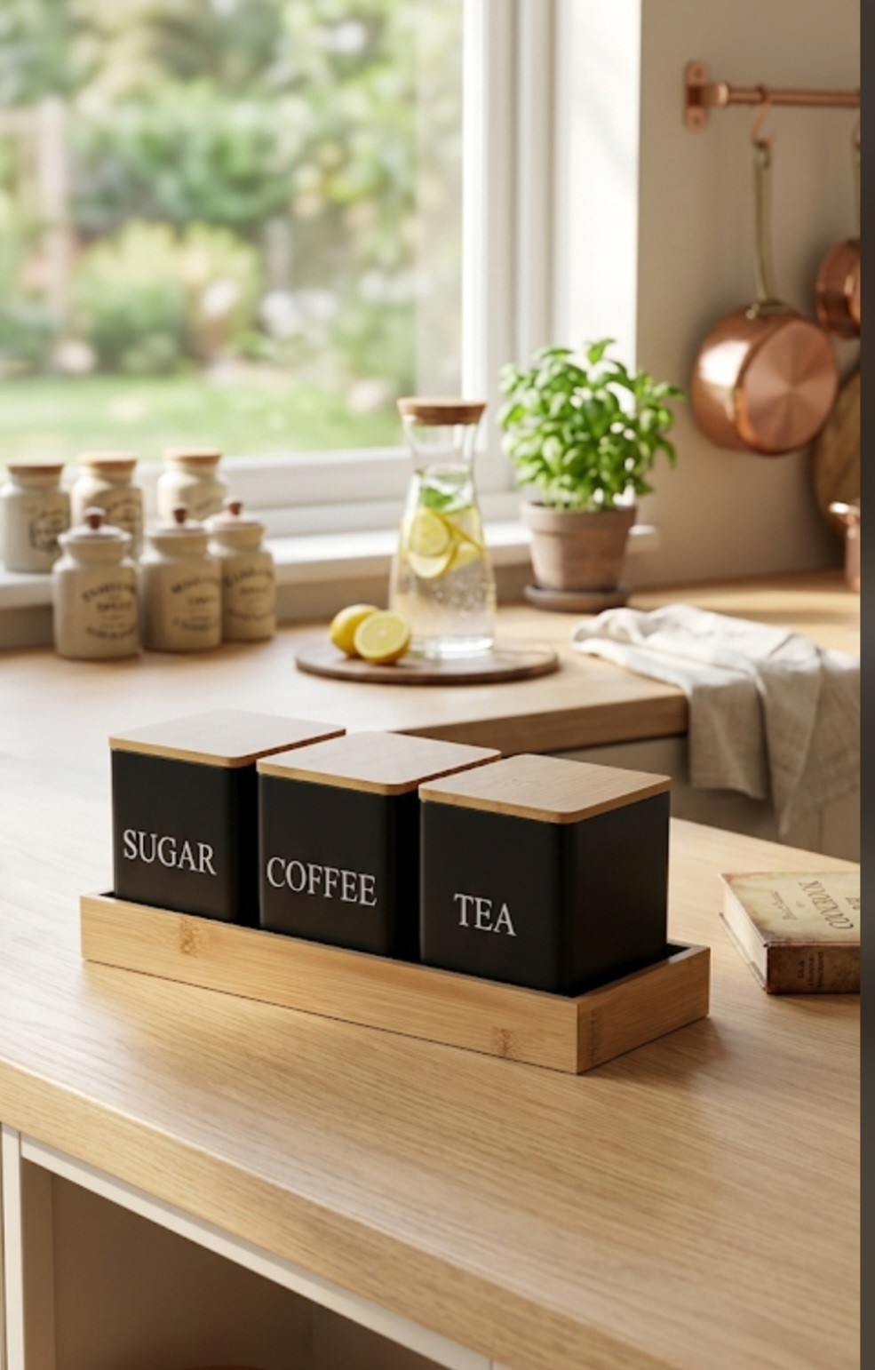 3Pcs/Set 500ml Black Metal Storage Containers with Bamboo Lids