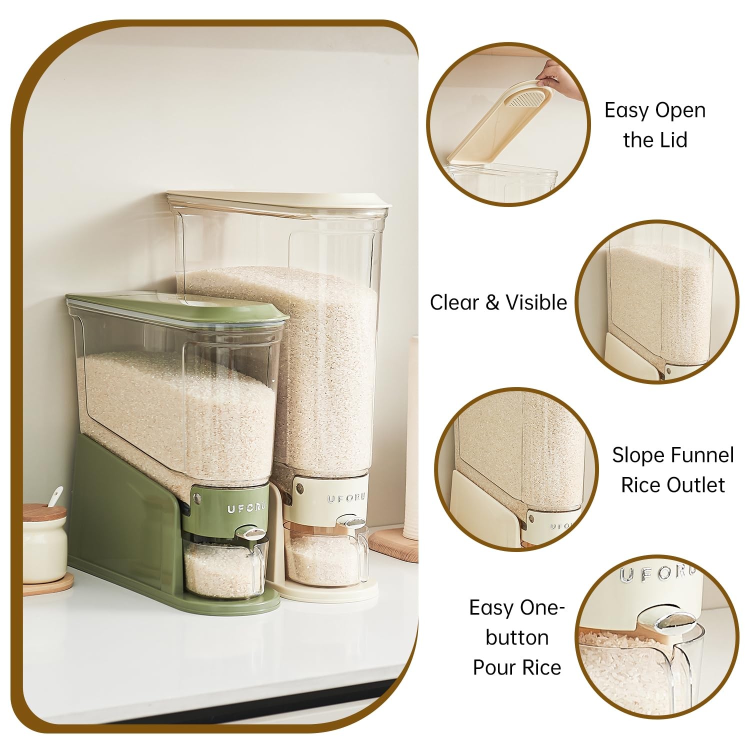 Rice Dispenser 11 Lbs Slim Storage Container Clear Dry Food Cream White