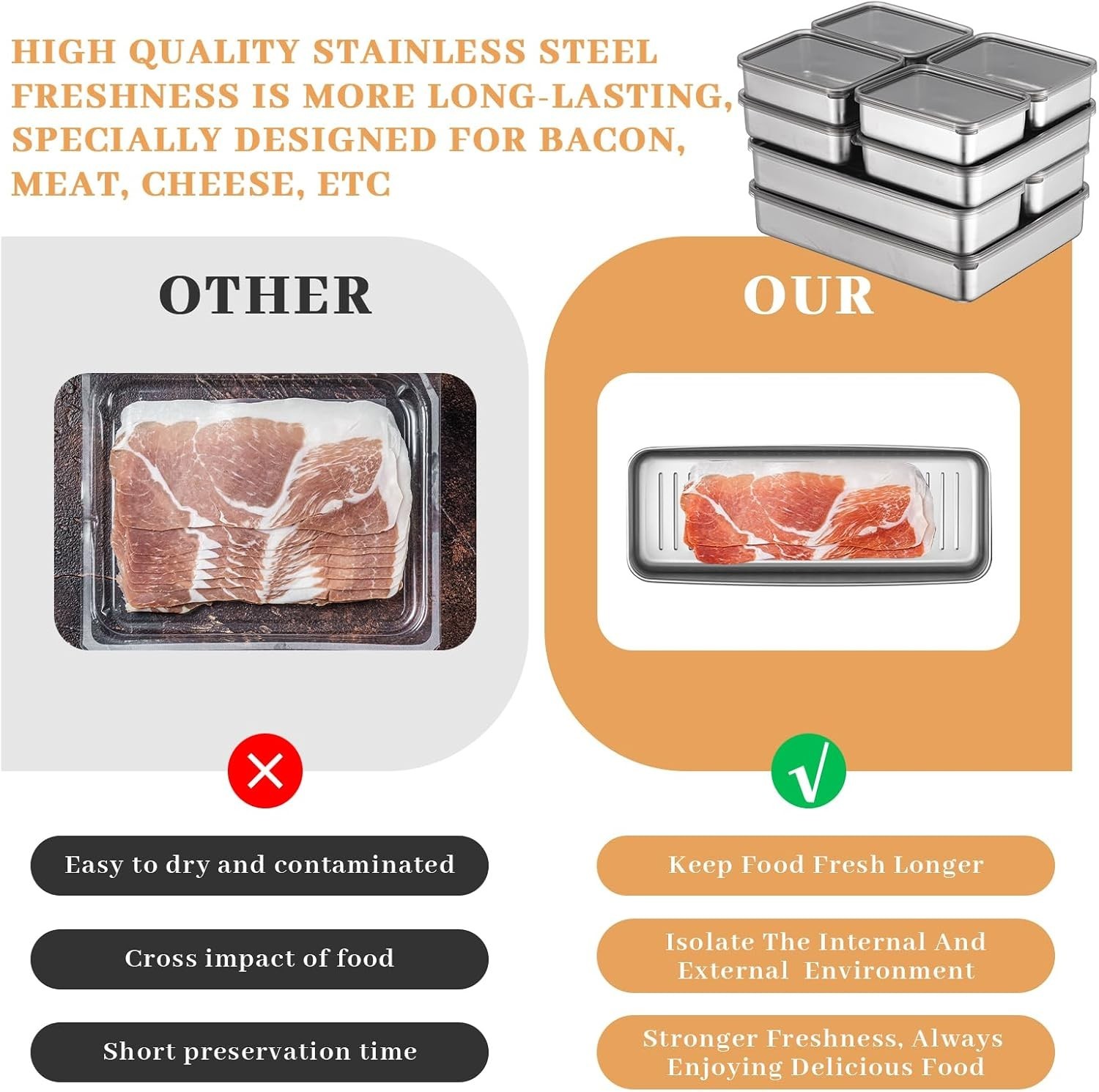 9 Pack Bacon Cheese Container for Refrigerator, 304 Stainless Steel Airtight …