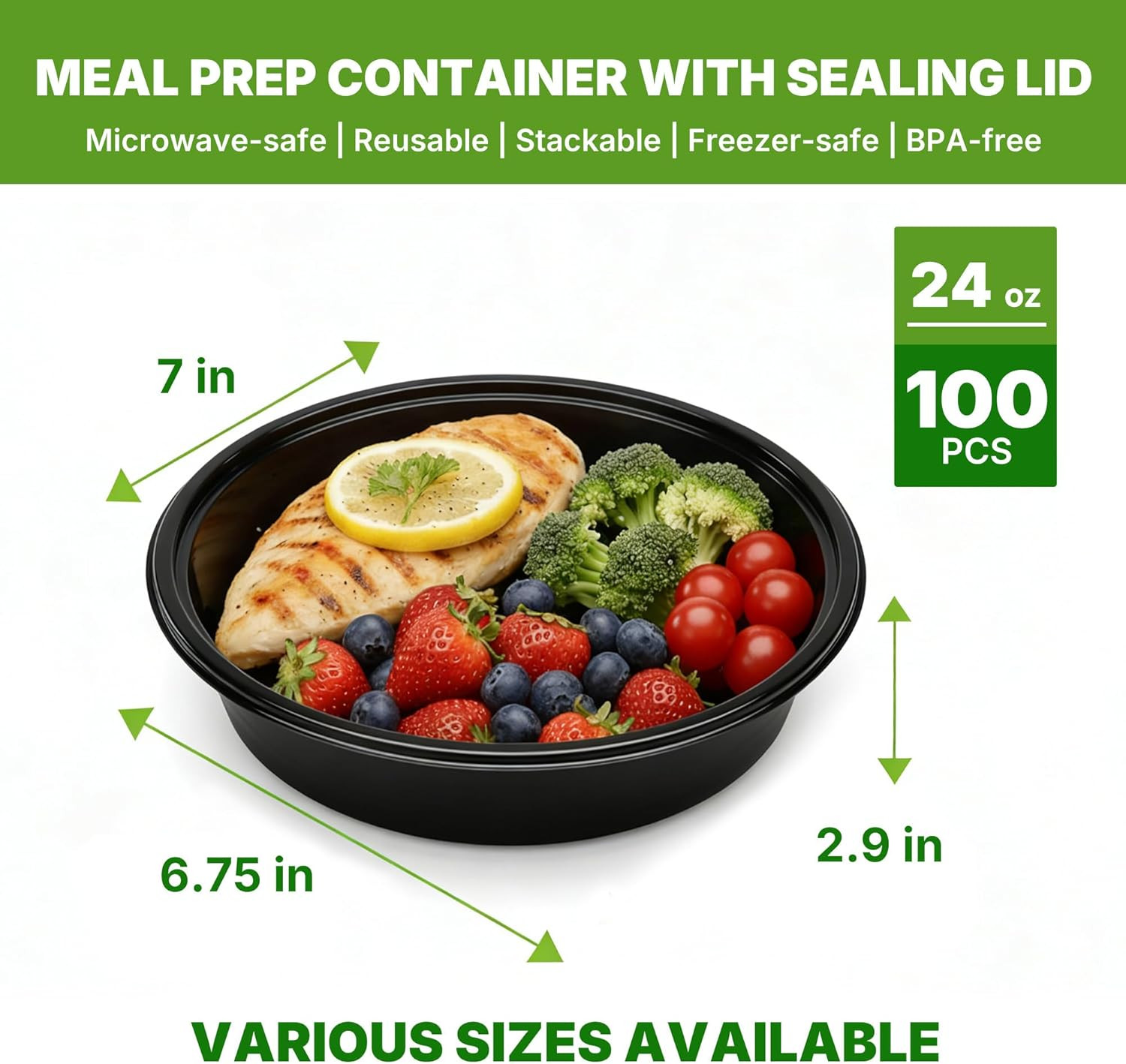 50 Pack (100-Piece), Round 24oz Meal Prep Containers Reusable with Lids, Sturdy